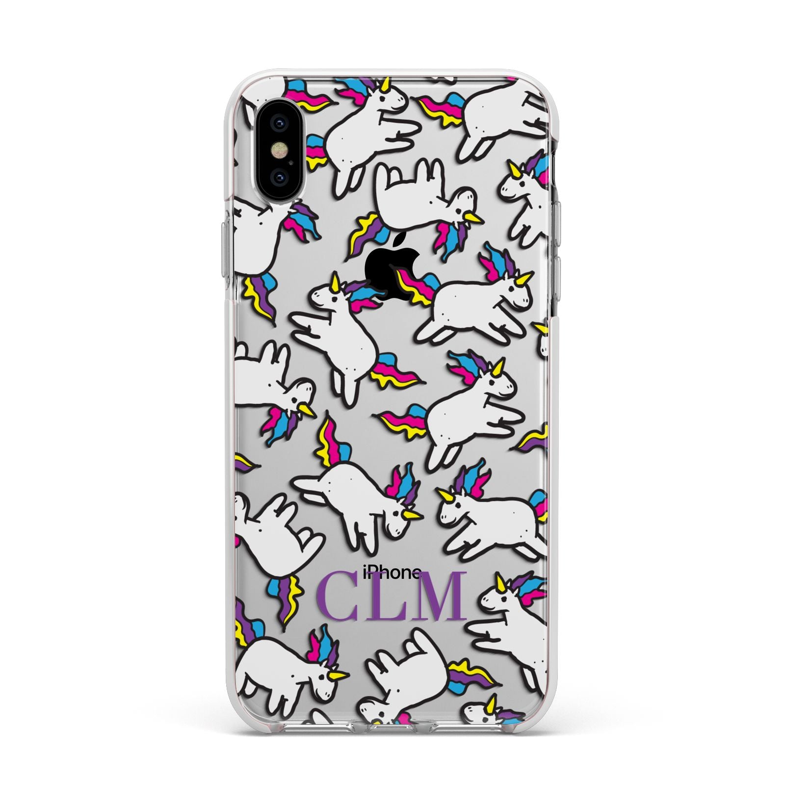 Personalised Unicorn With Initials Apple iPhone Xs Max Impact Case White Edge on Silver Phone