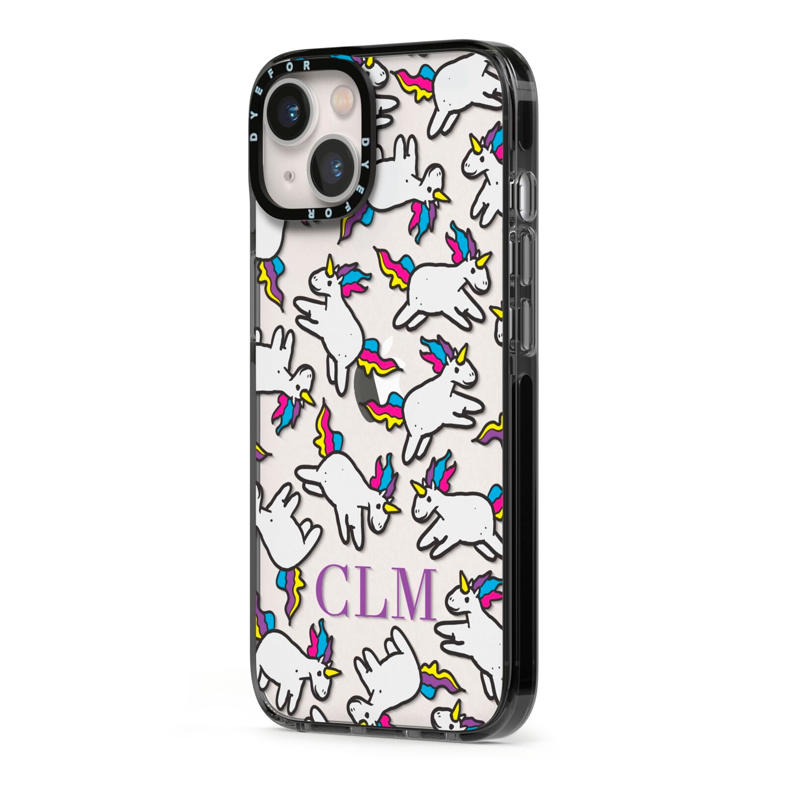 Personalised Unicorn With Initials iPhone 13 Black Impact Case Side Angle on Silver phone