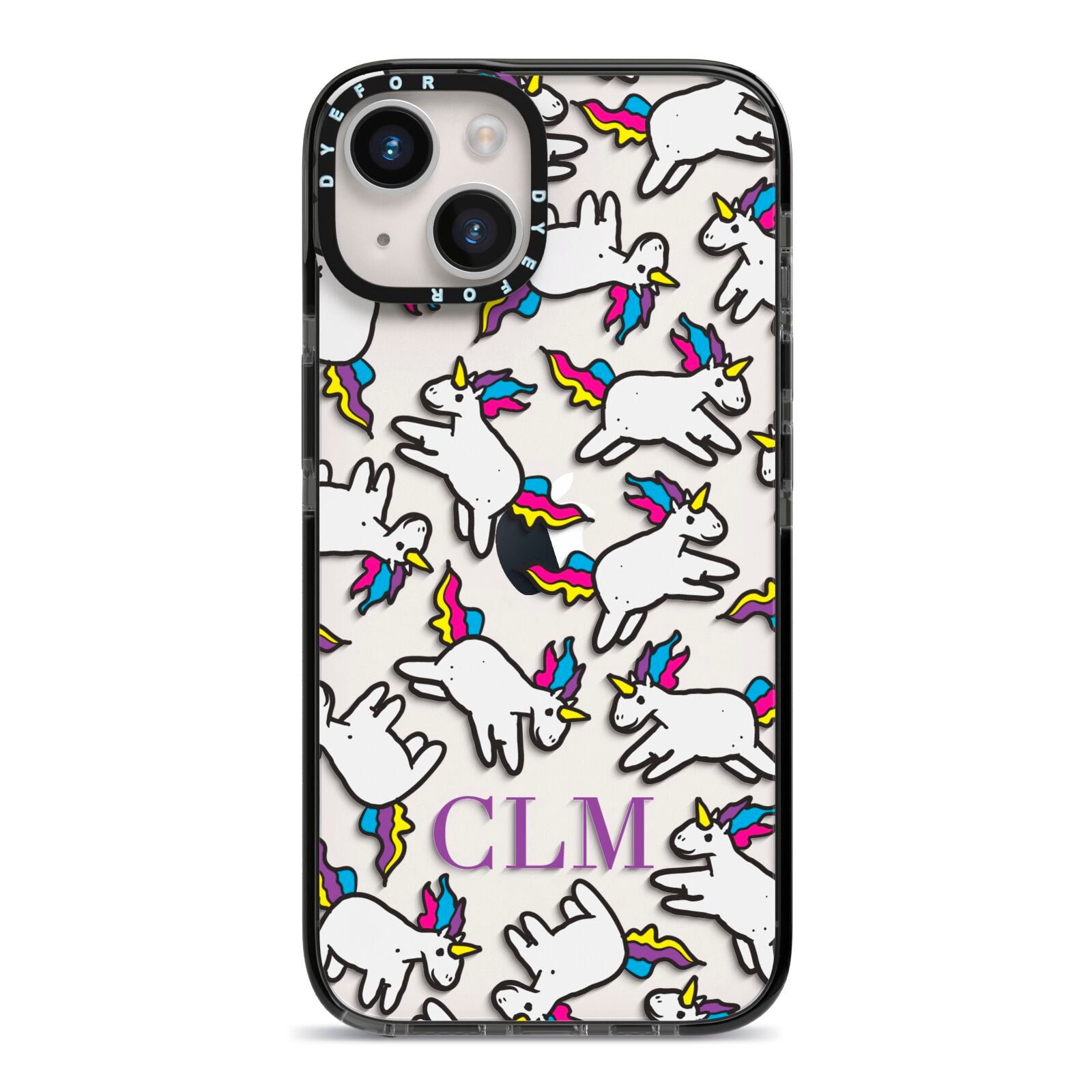 Personalised Unicorn With Initials iPhone 14 Black Impact Case on Silver phone