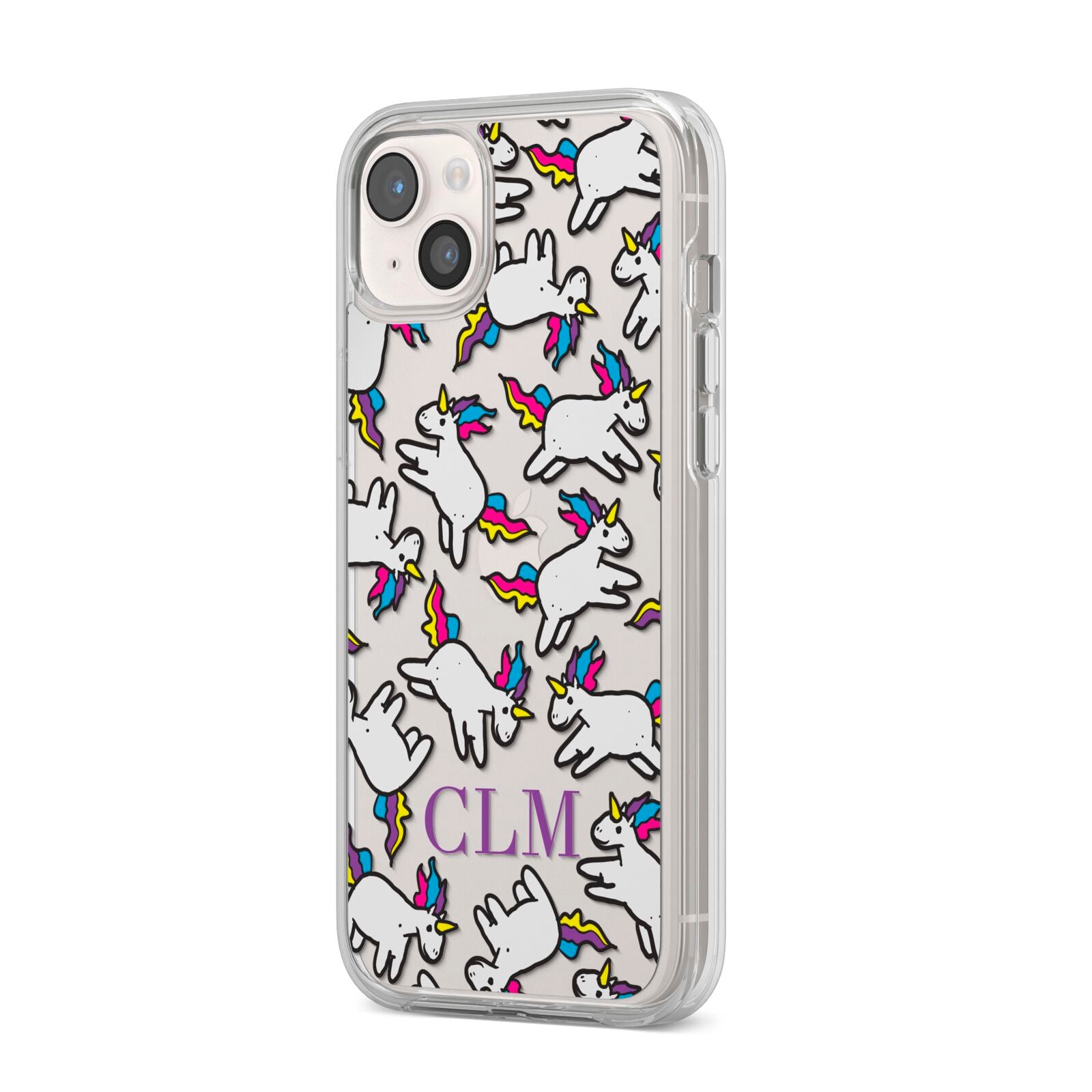 Personalised Unicorn With Initials iPhone 14 Plus Clear Tough Case Starlight Angled Image