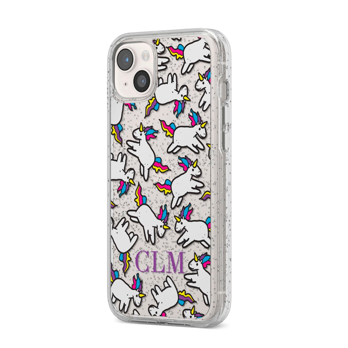Personalised Unicorn With Initials iPhone 14 Plus Glitter Tough Case Starlight Angled Image