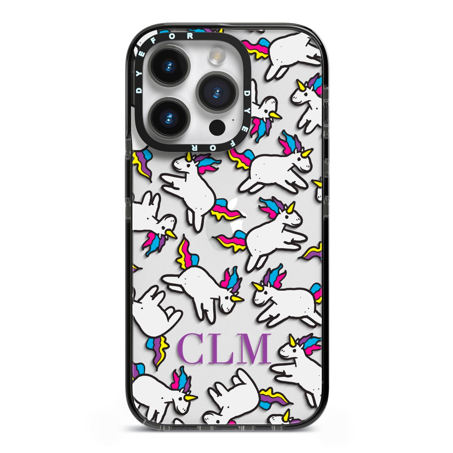 Personalised Unicorn With Initials iPhone 14 Pro Black Impact Case on Silver phone