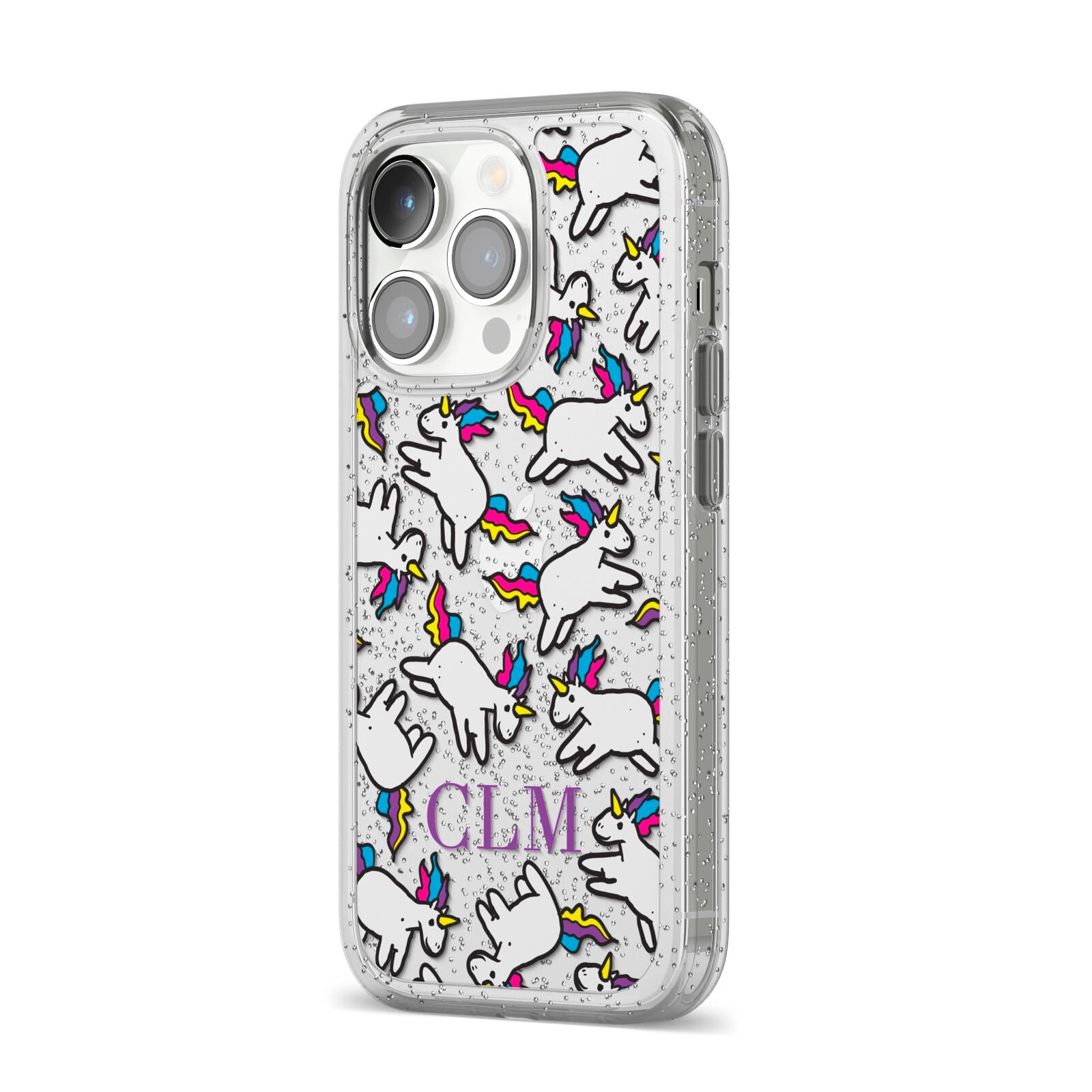 Personalised Unicorn With Initials iPhone 14 Pro Glitter Tough Case Silver Angled Image