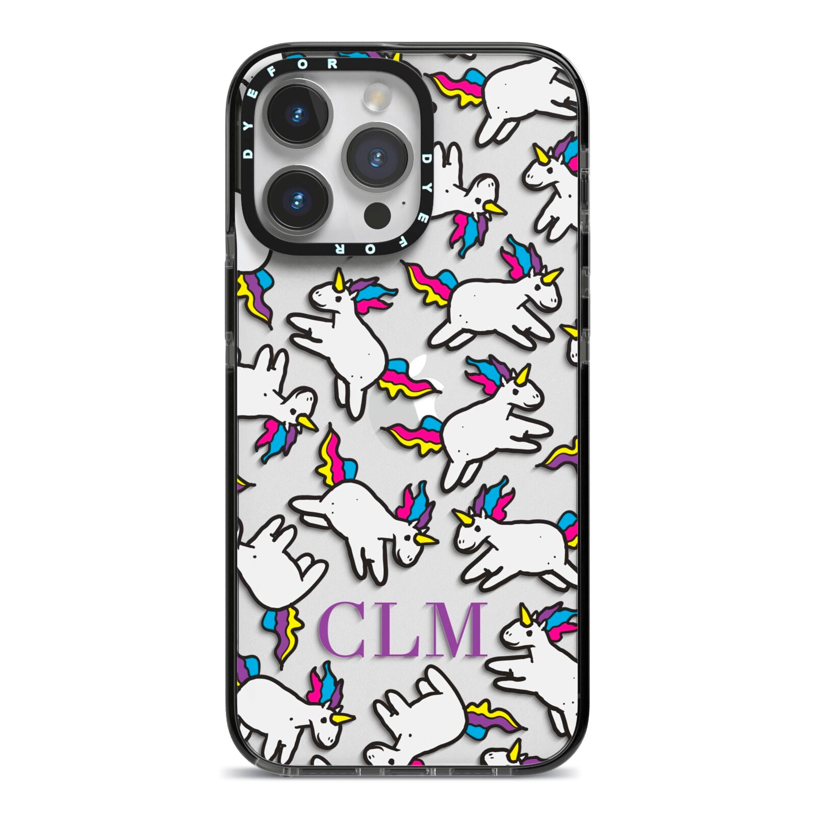 Personalised Unicorn With Initials iPhone 14 Pro Max Black Impact Case on Silver phone