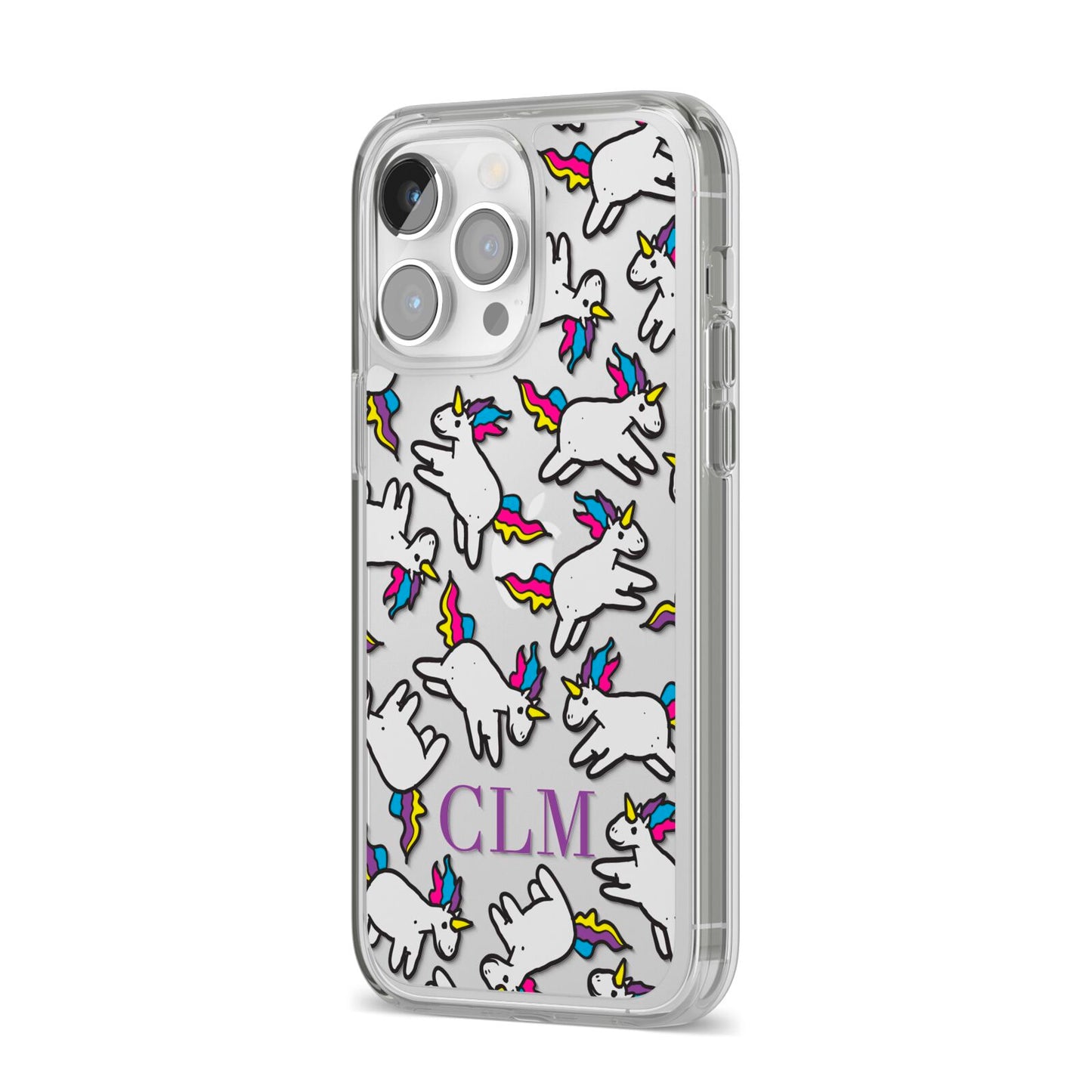 Personalised Unicorn With Initials iPhone 14 Pro Max Clear Tough Case Silver Angled Image