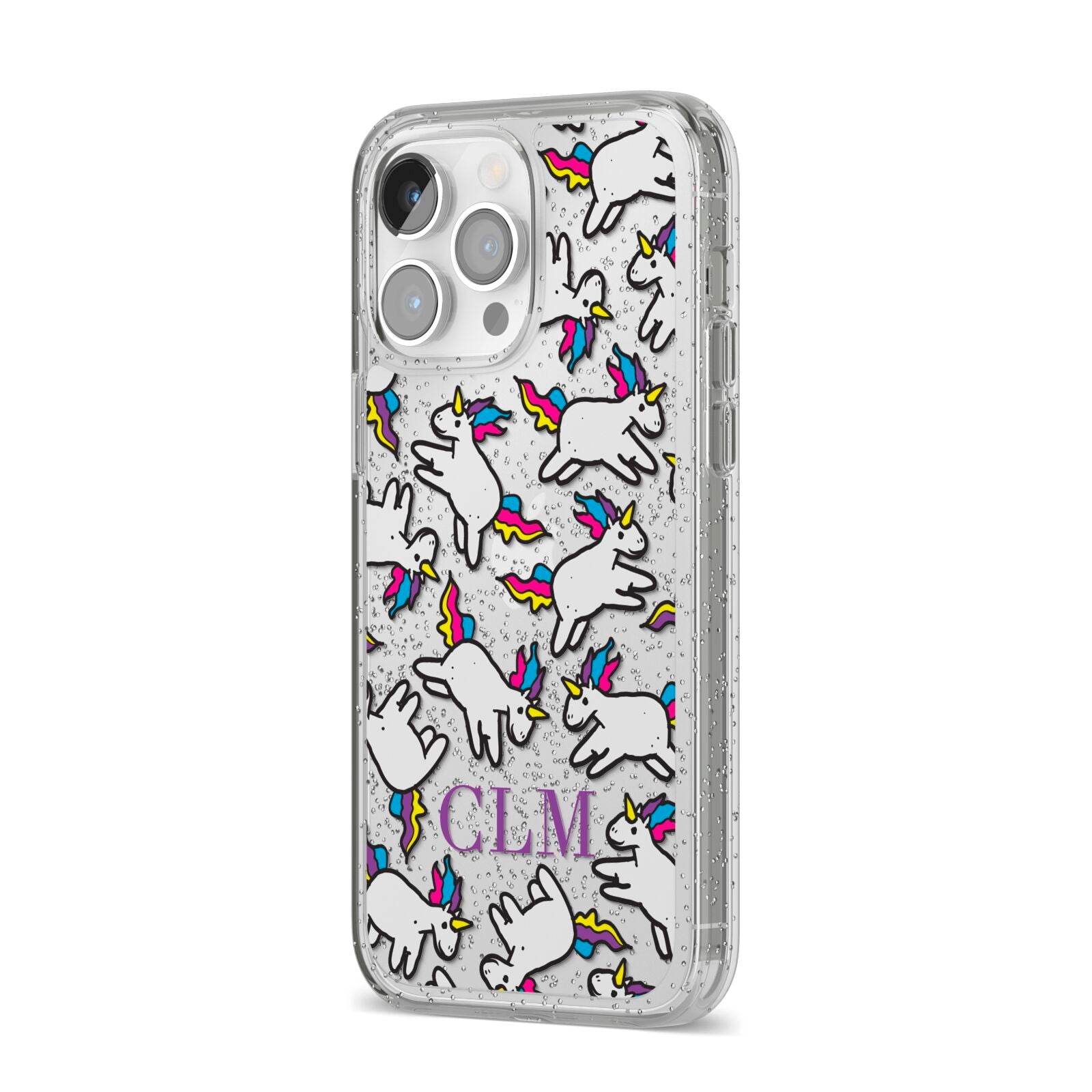 Personalised Unicorn With Initials iPhone 14 Pro Max Glitter Tough Case Silver Angled Image