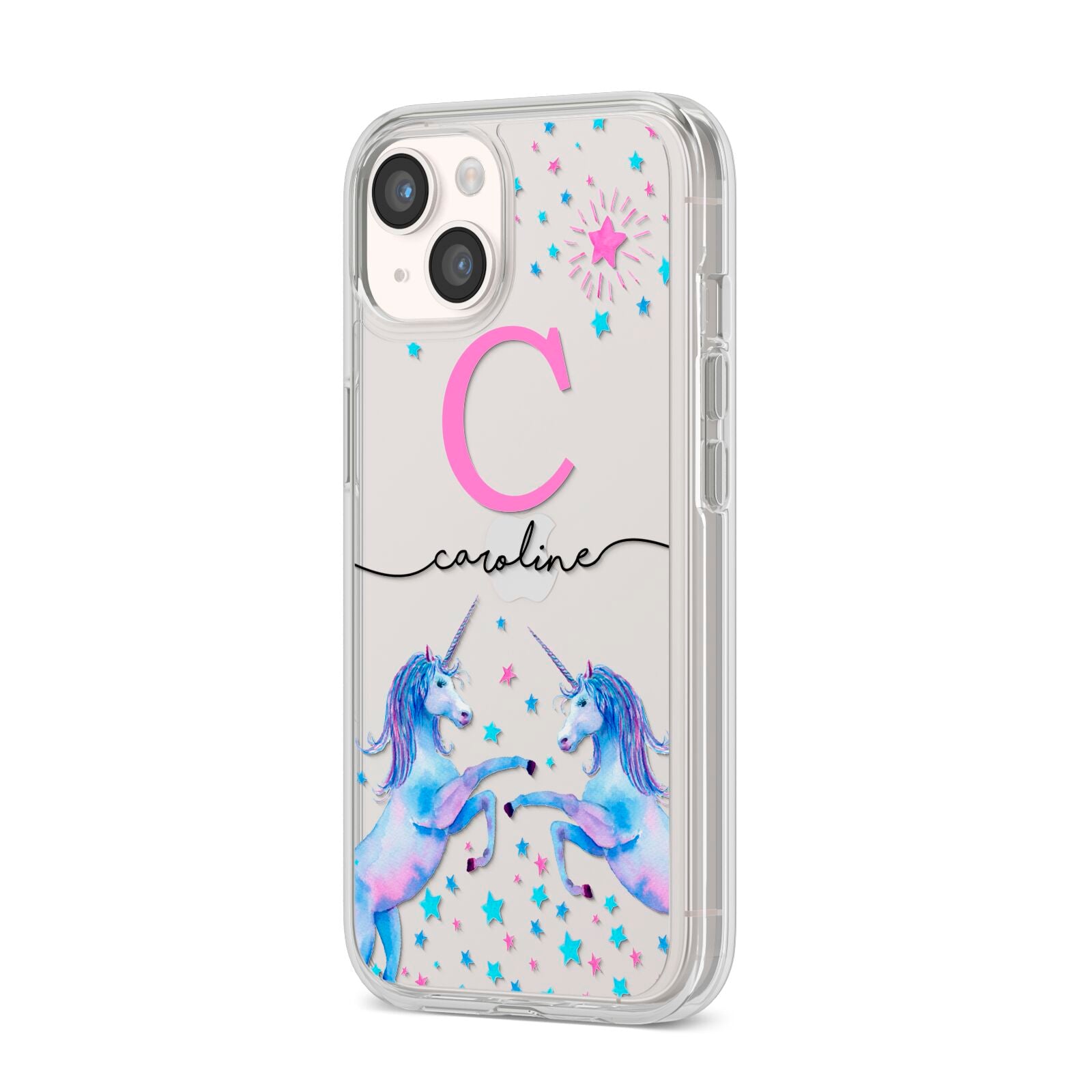Personalised Unicorn iPhone 14 Clear Tough Case Starlight Angled Image