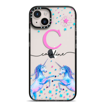 Personalised Unicorn iPhone 14 Plus Black Impact Case on Silver phone