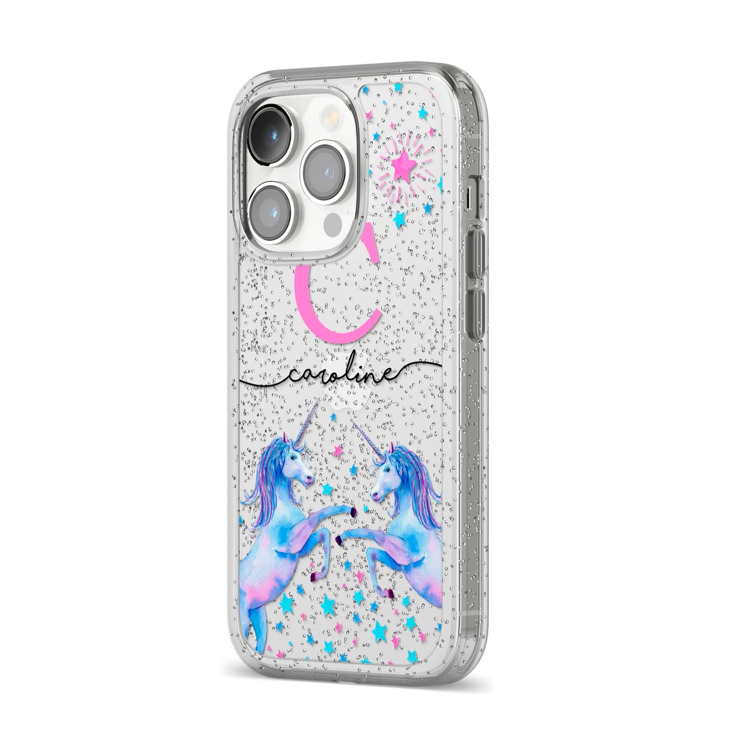 Personalised Unicorn iPhone 14 Pro Glitter Tough Case Silver Angled Image