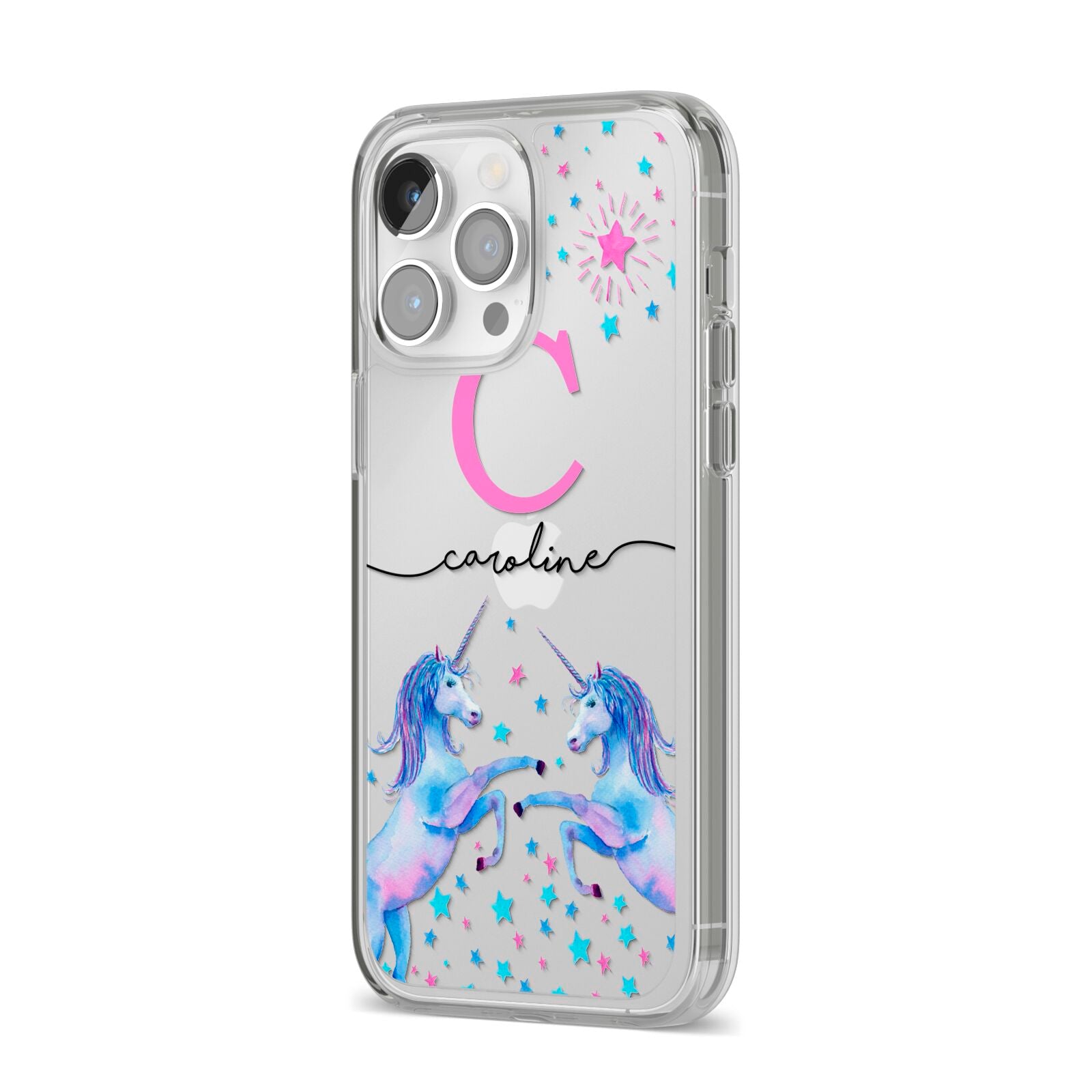 Personalised Unicorn iPhone 14 Pro Max Clear Tough Case Silver Angled Image