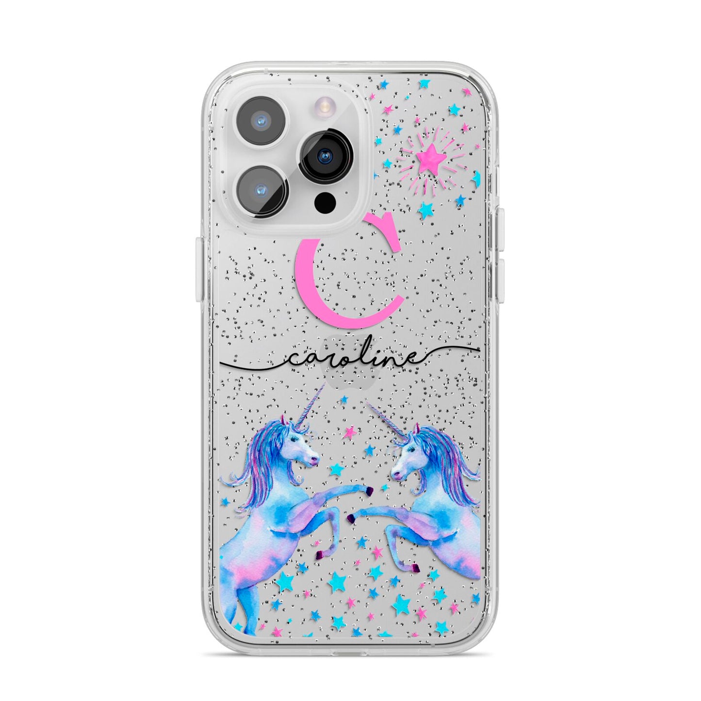 Personalised Unicorn iPhone 14 Pro Max Glitter Tough Case Silver