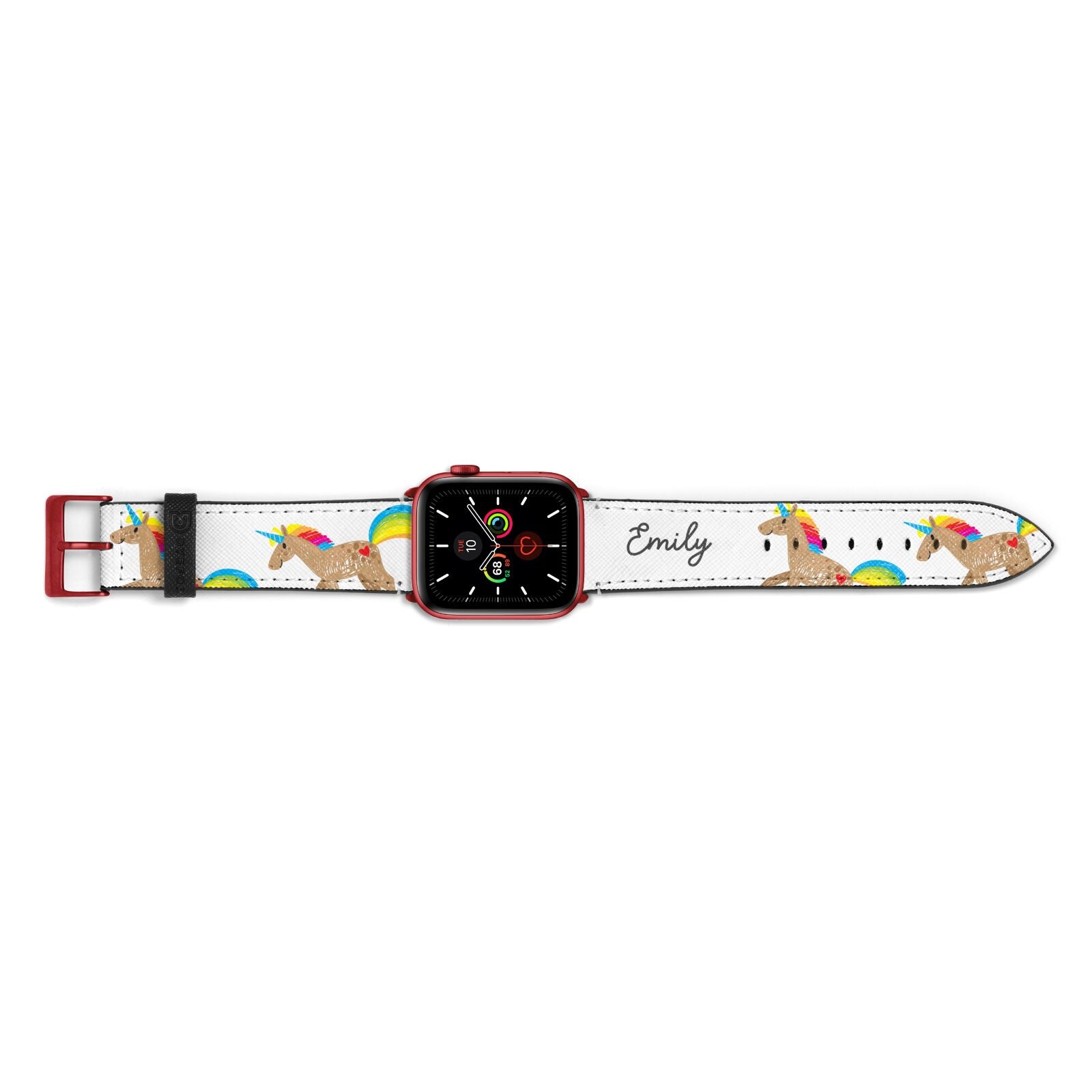 Personalised Unicorn with Name Apple Watch Strap Landscape Image Red Hardware