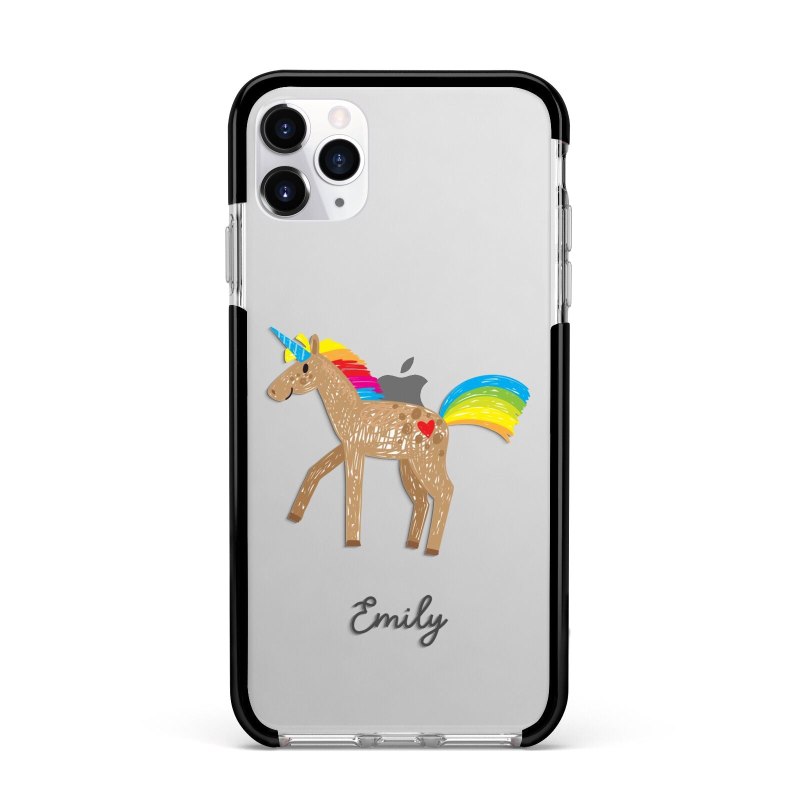 Personalised Unicorn with Name Apple iPhone 11 Pro Max in Silver with Black Impact Case