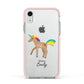 Personalised Unicorn with Name Apple iPhone XR Impact Case Pink Edge on Silver Phone