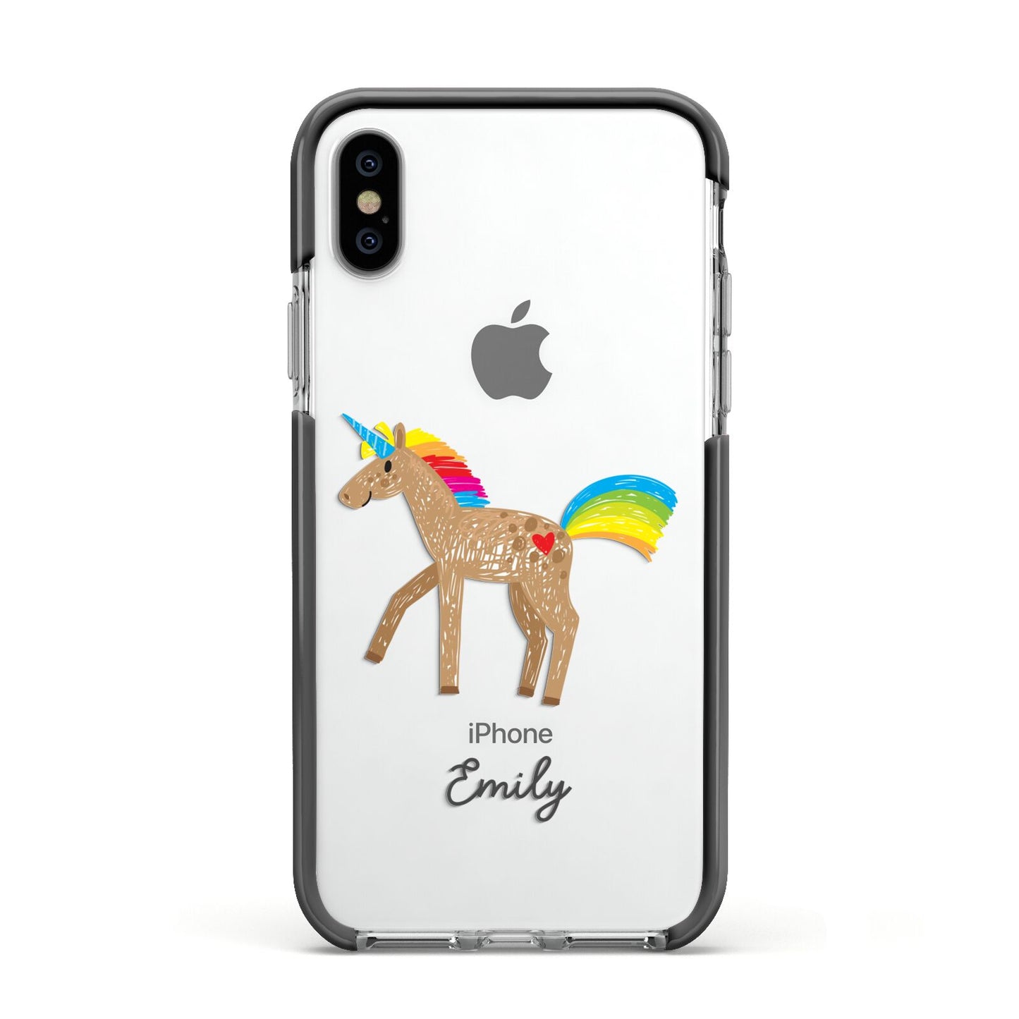 Personalised Unicorn with Name Apple iPhone Xs Impact Case Black Edge on Silver Phone