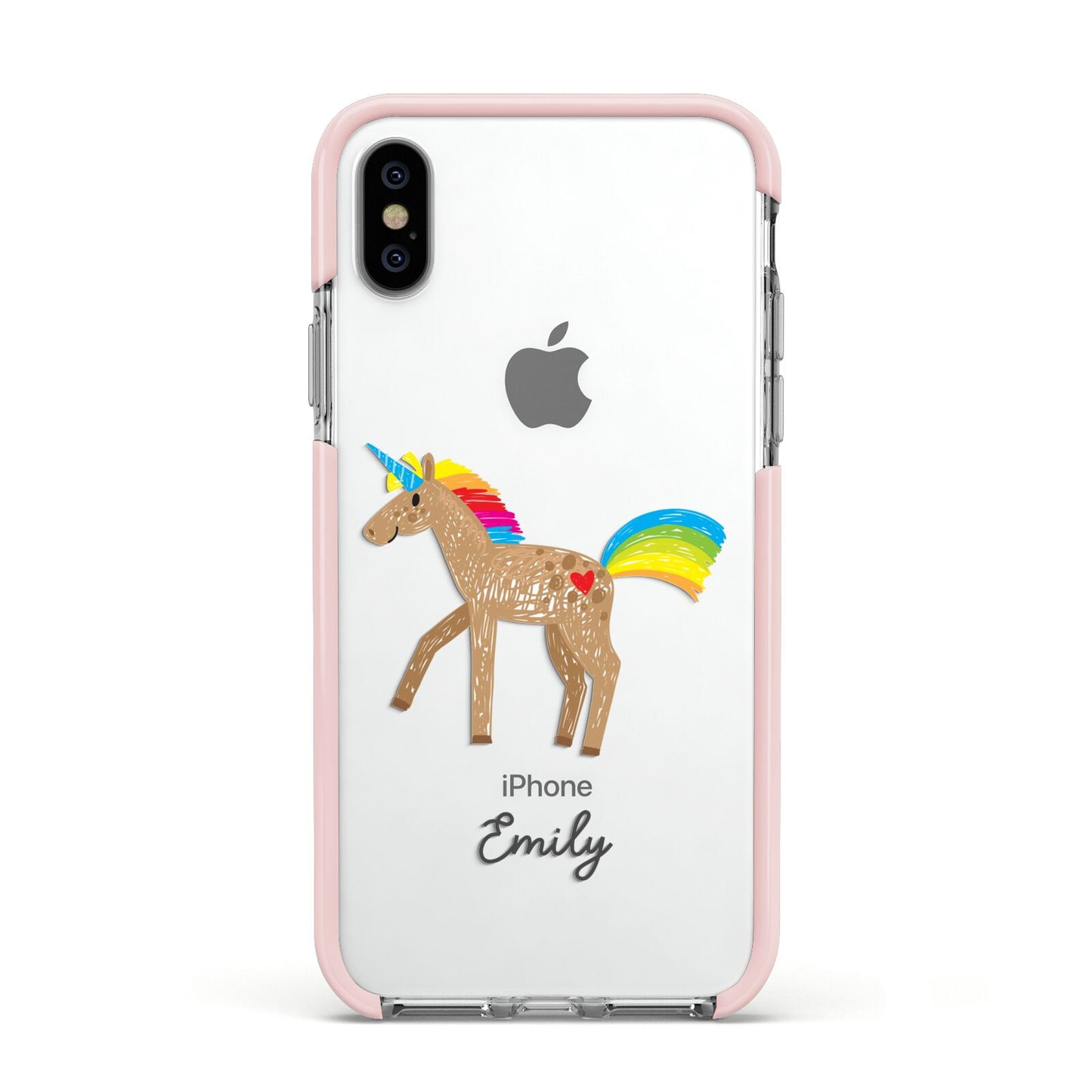 Personalised Unicorn with Name Apple iPhone Xs Impact Case Pink Edge on Silver Phone