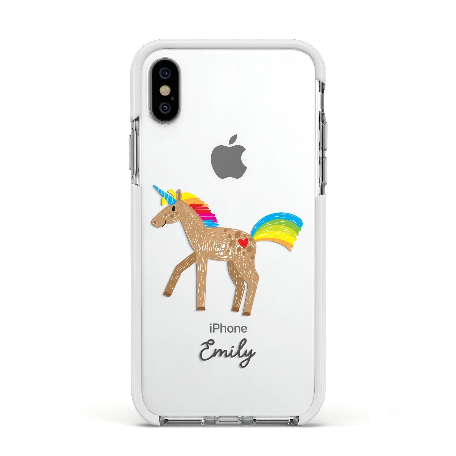 Personalised Unicorn with Name Apple iPhone Xs Impact Case White Edge on Silver Phone