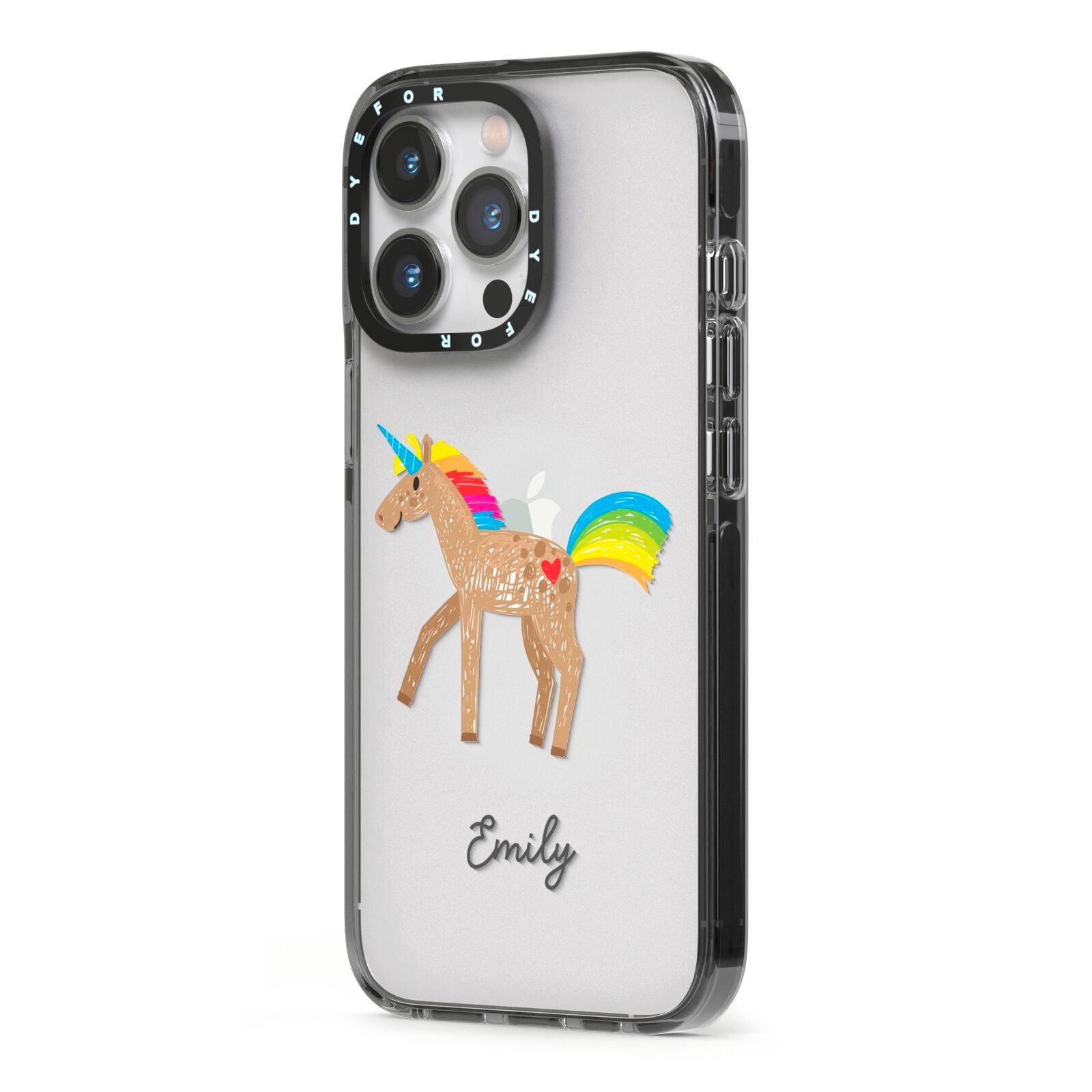Personalised Unicorn with Name iPhone 13 Pro Black Impact Case Side Angle on Silver phone