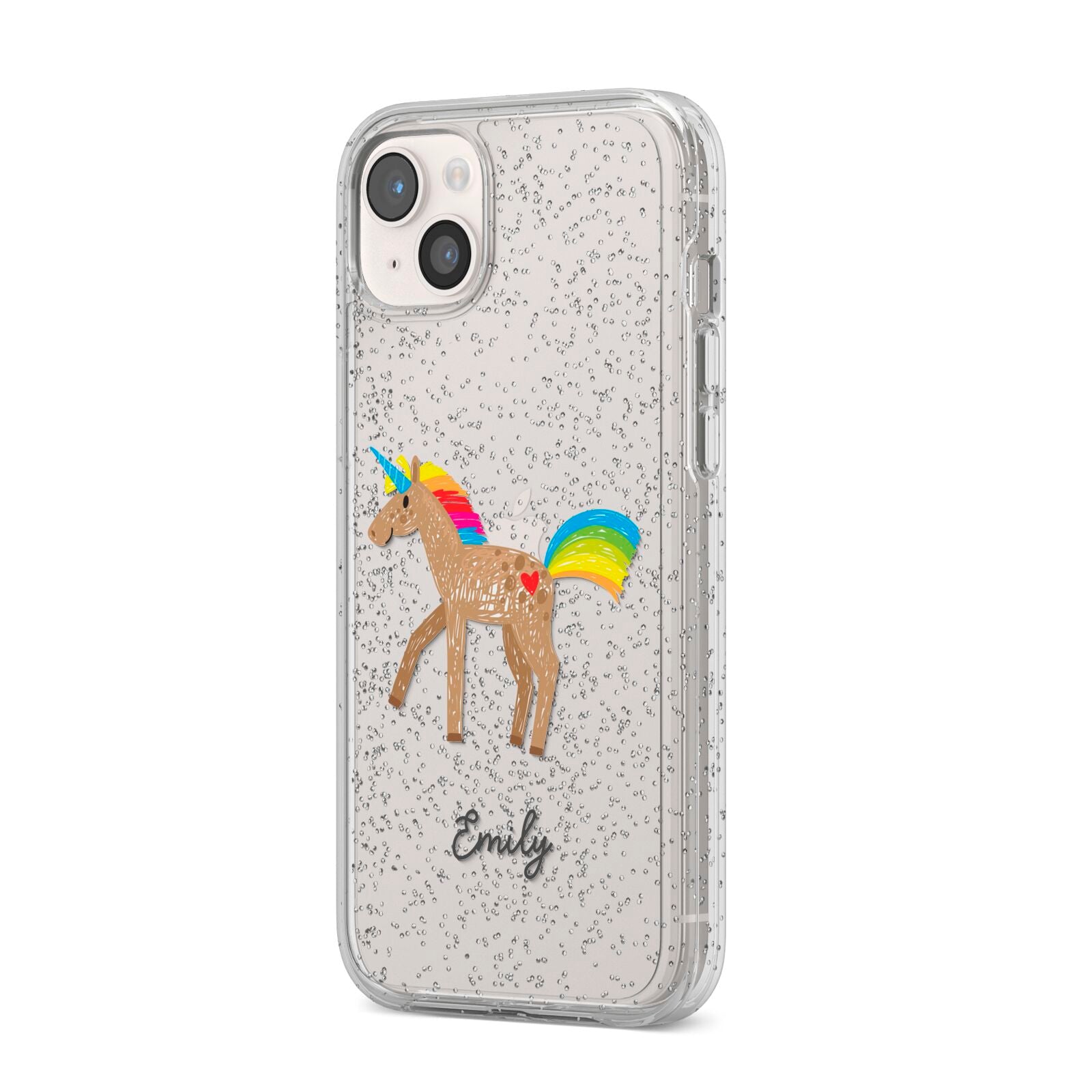 Personalised Unicorn with Name iPhone 14 Plus Glitter Tough Case Starlight Angled Image