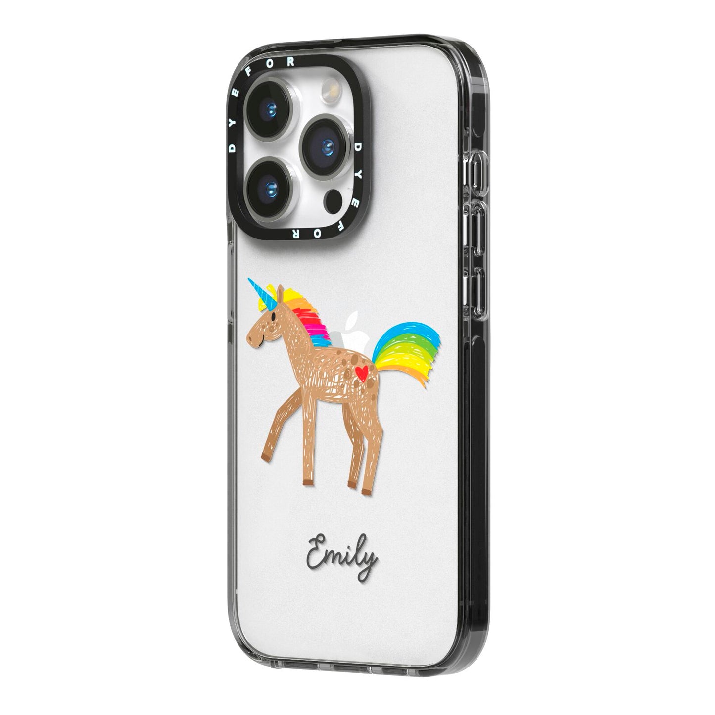 Personalised Unicorn with Name iPhone 14 Pro Black Impact Case Side Angle on Silver phone