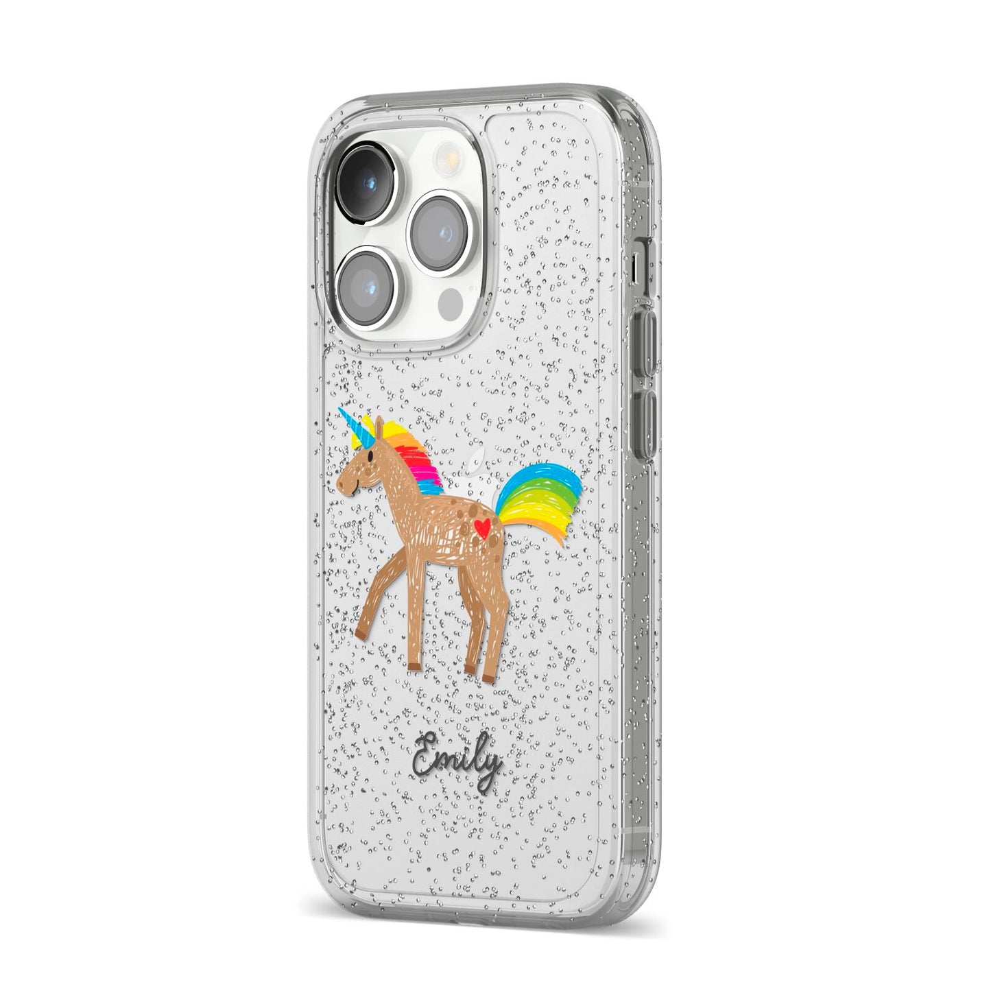 Personalised Unicorn with Name iPhone 14 Pro Glitter Tough Case Silver Angled Image