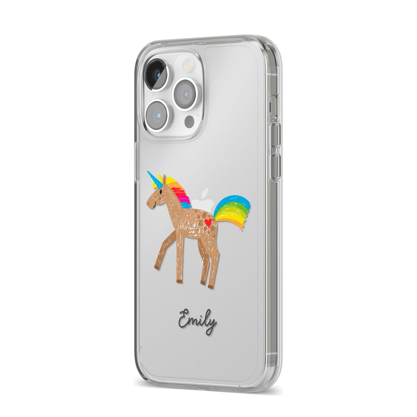 Personalised Unicorn with Name iPhone 14 Pro Max Clear Tough Case Silver Angled Image