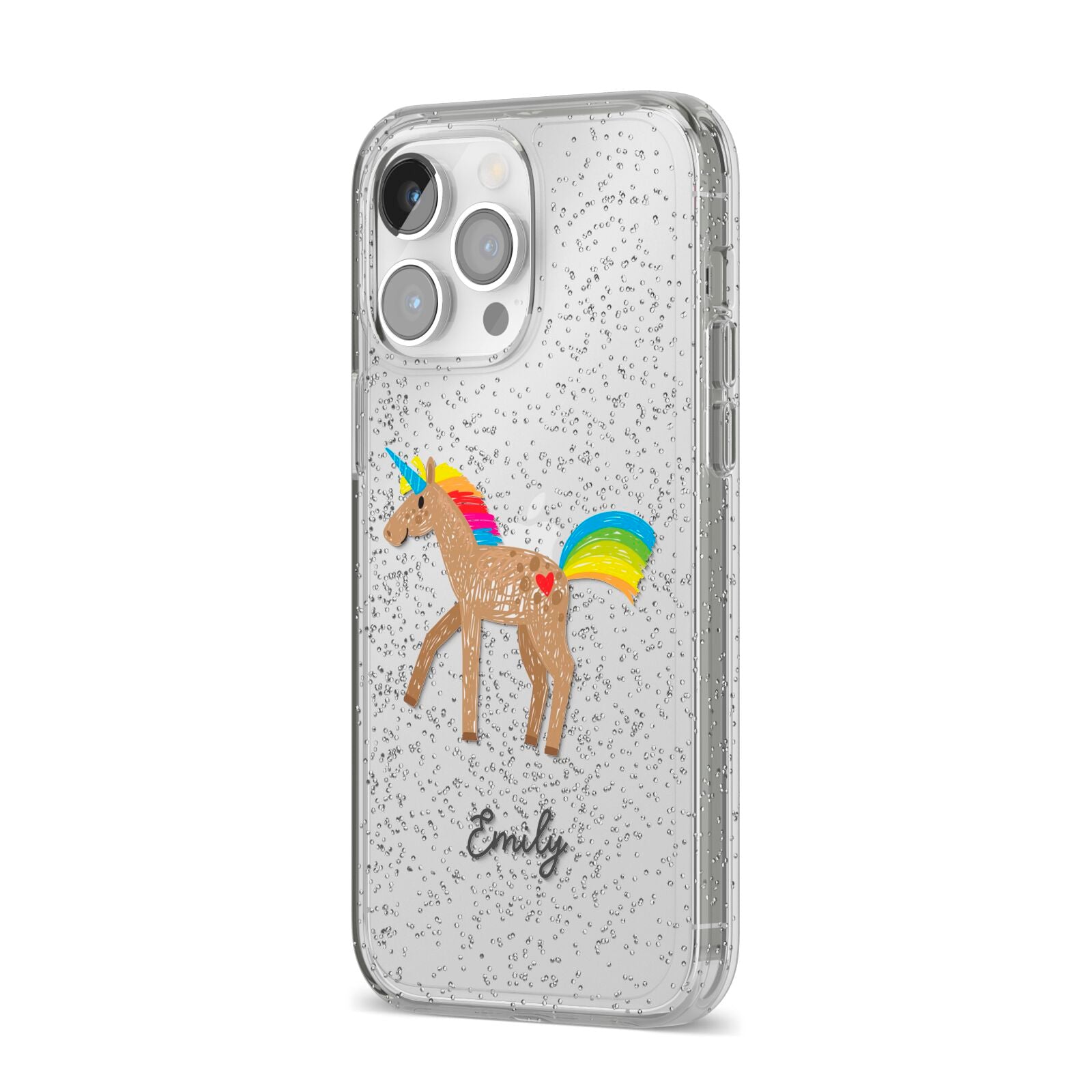 Personalised Unicorn with Name iPhone 14 Pro Max Glitter Tough Case Silver Angled Image