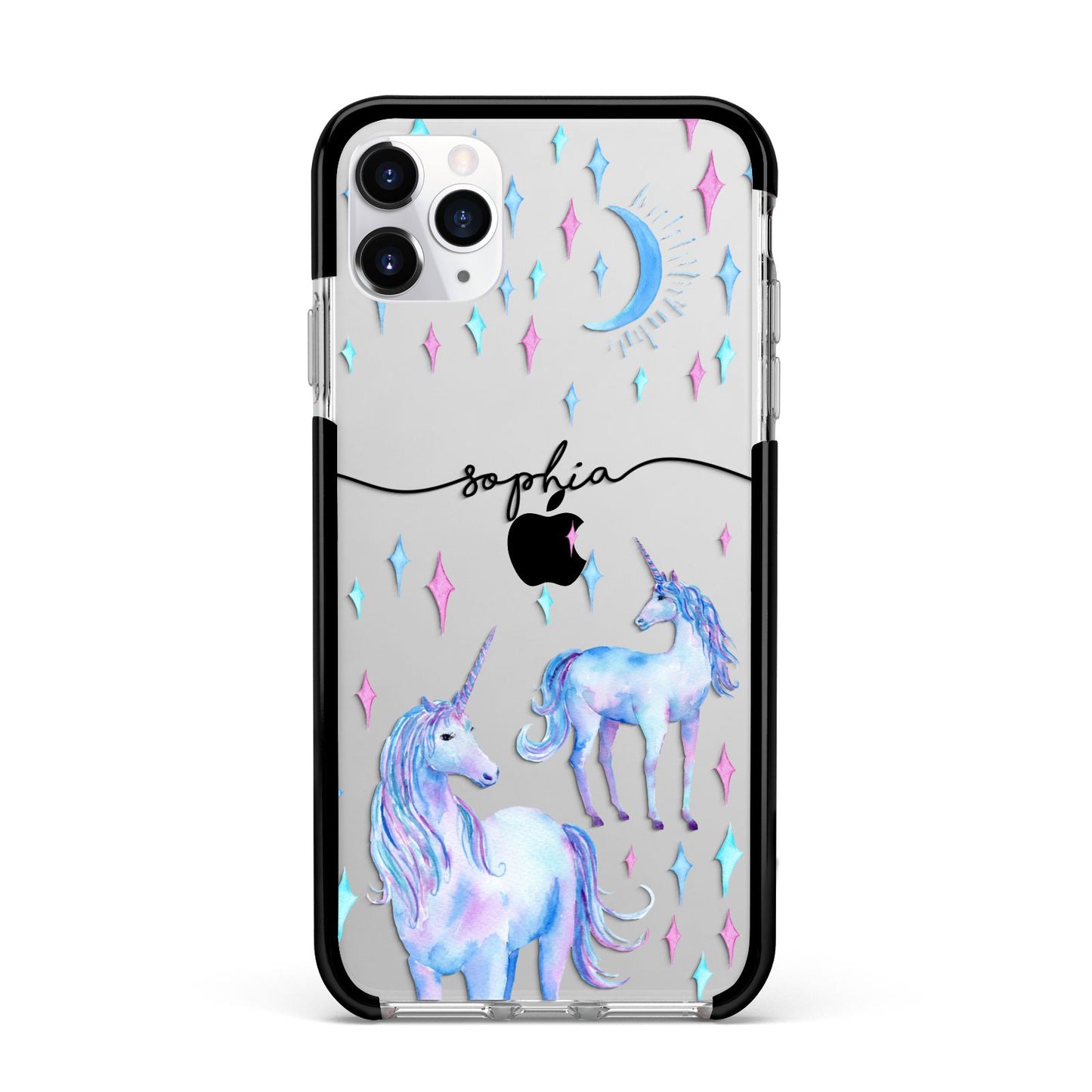 Personalised Unicorns Apple iPhone 11 Pro Max in Silver with Black Impact Case