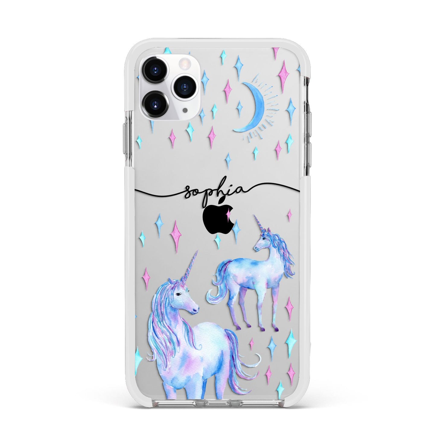 Personalised Unicorns Apple iPhone 11 Pro Max in Silver with White Impact Case