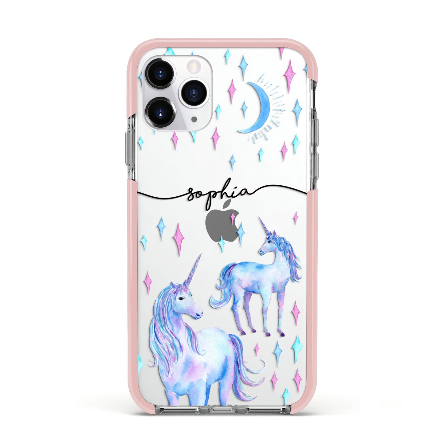 Personalised Unicorns Apple iPhone 11 Pro in Silver with Pink Impact Case