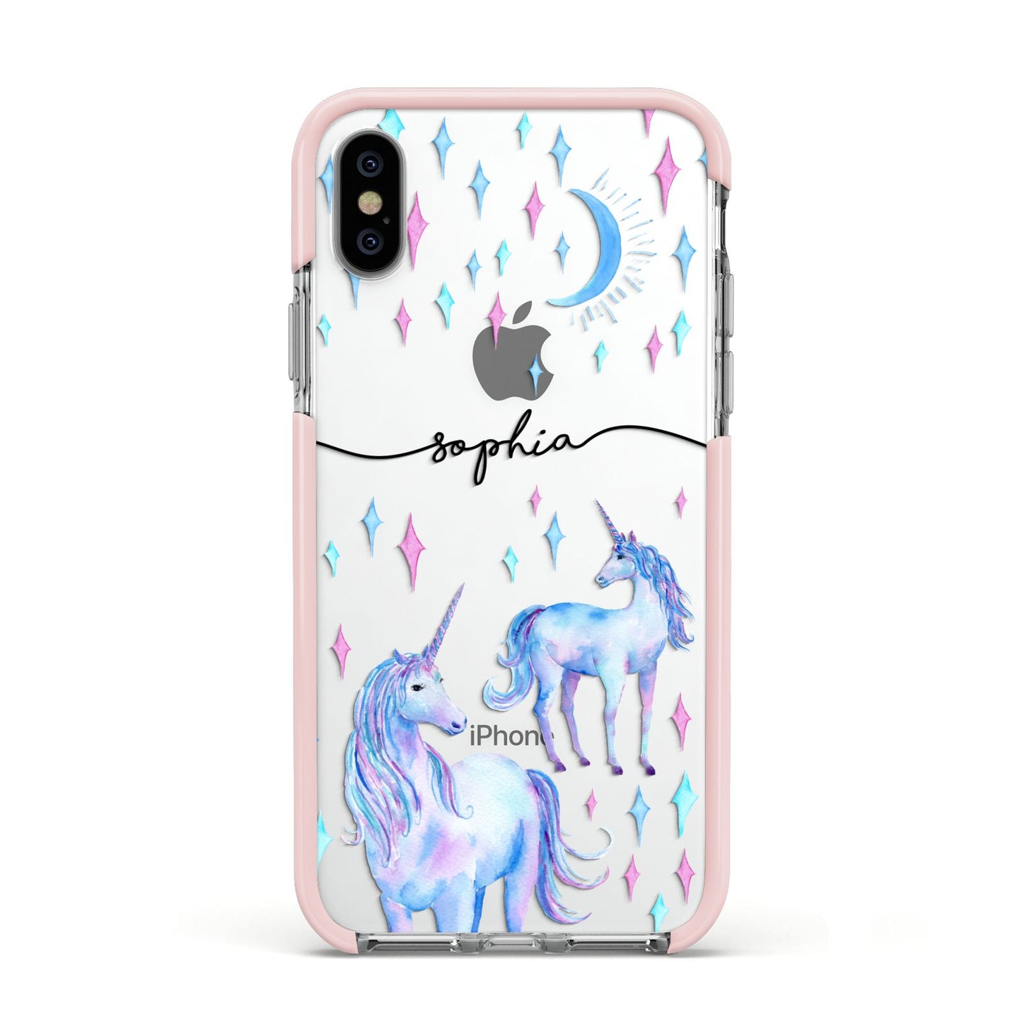 Personalised Unicorns Apple iPhone Xs Impact Case Pink Edge on Silver Phone