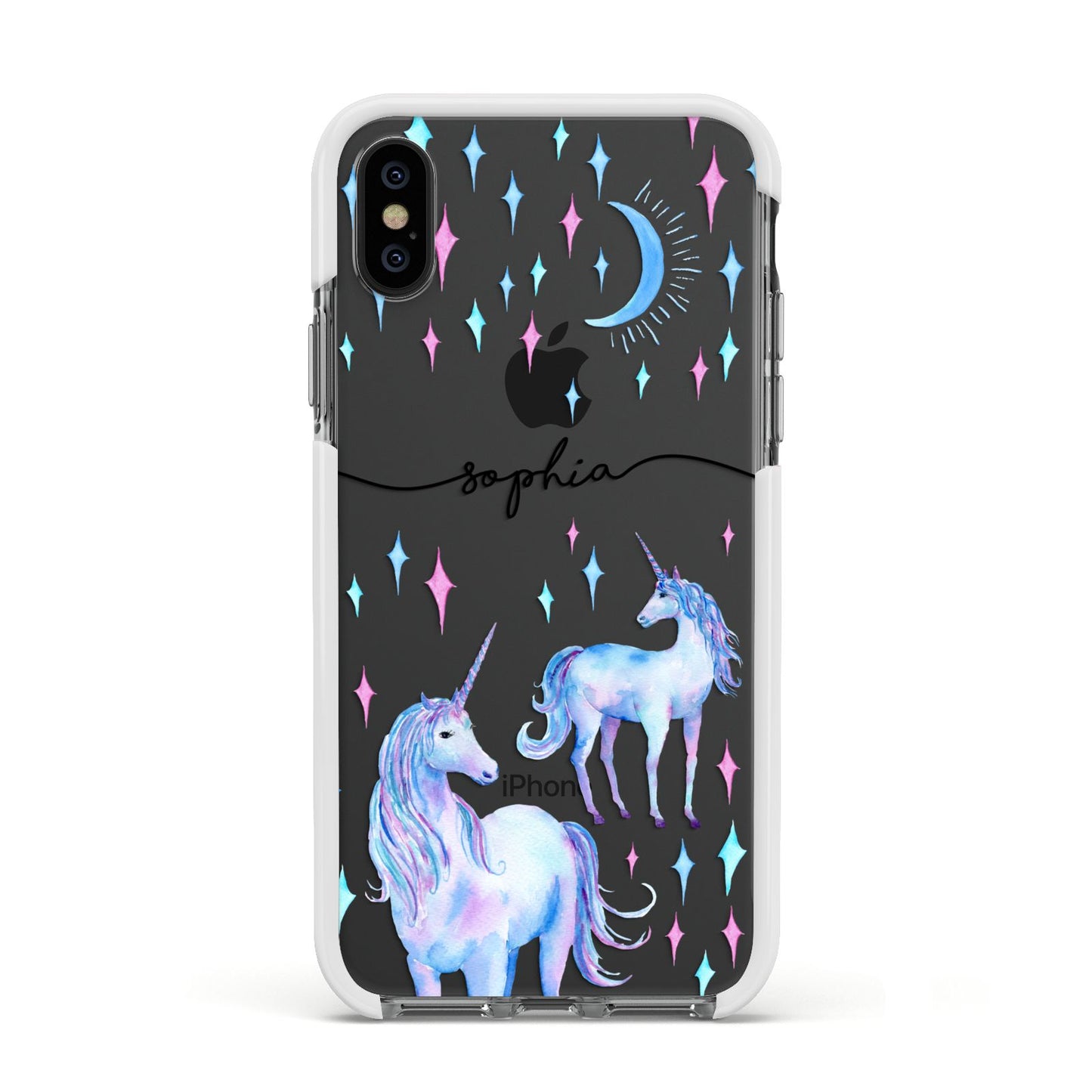 Personalised Unicorns Apple iPhone Xs Impact Case White Edge on Black Phone