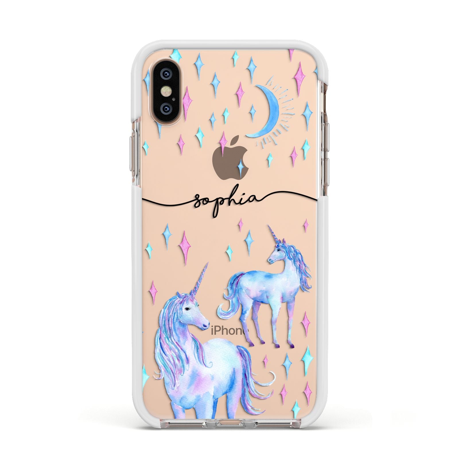 Personalised Unicorns Apple iPhone Xs Impact Case White Edge on Gold Phone