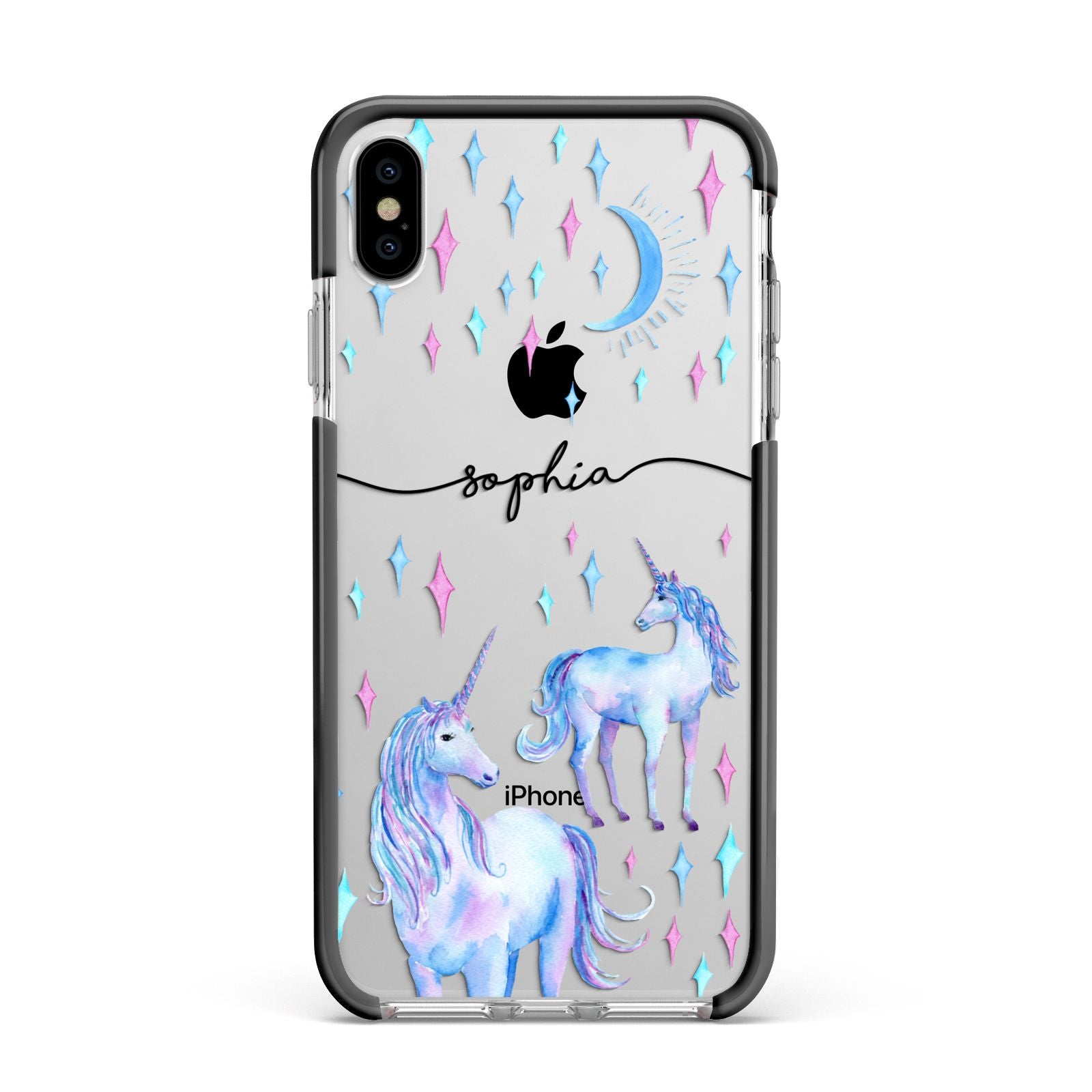 Personalised Unicorns Apple iPhone Xs Max Impact Case Black Edge on Silver Phone