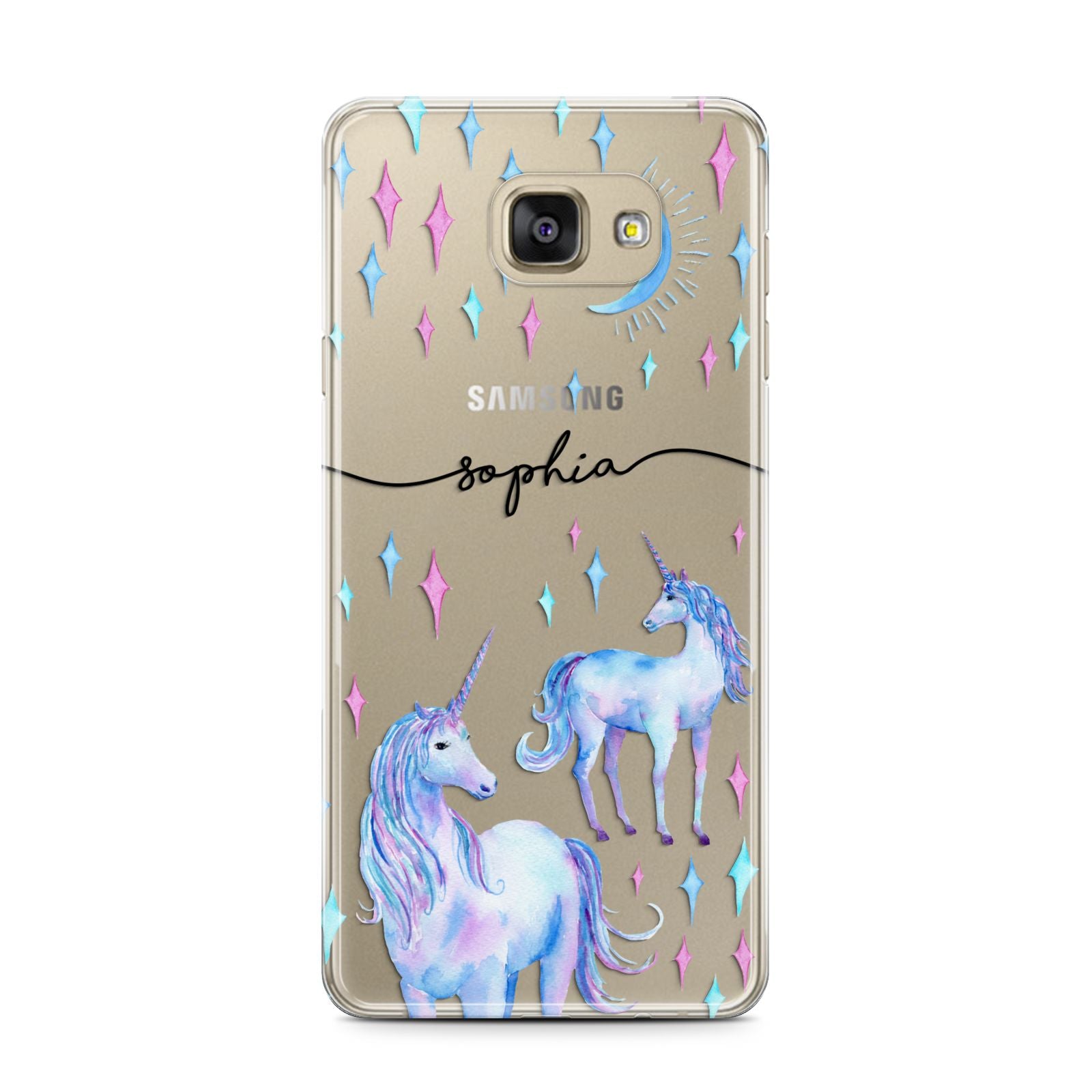 Personalised Unicorns Samsung Galaxy A7 2016 Case on gold phone