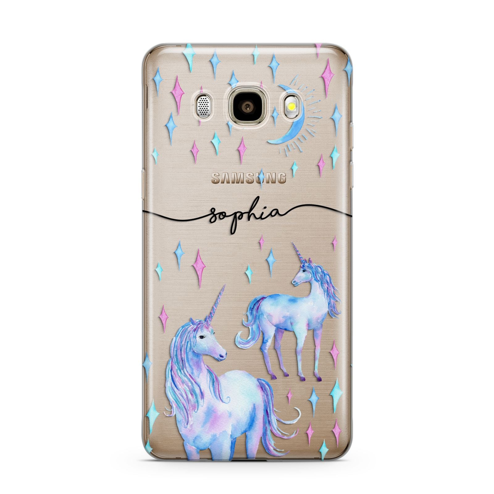 Personalised Unicorns Samsung Galaxy J7 2016 Case on gold phone