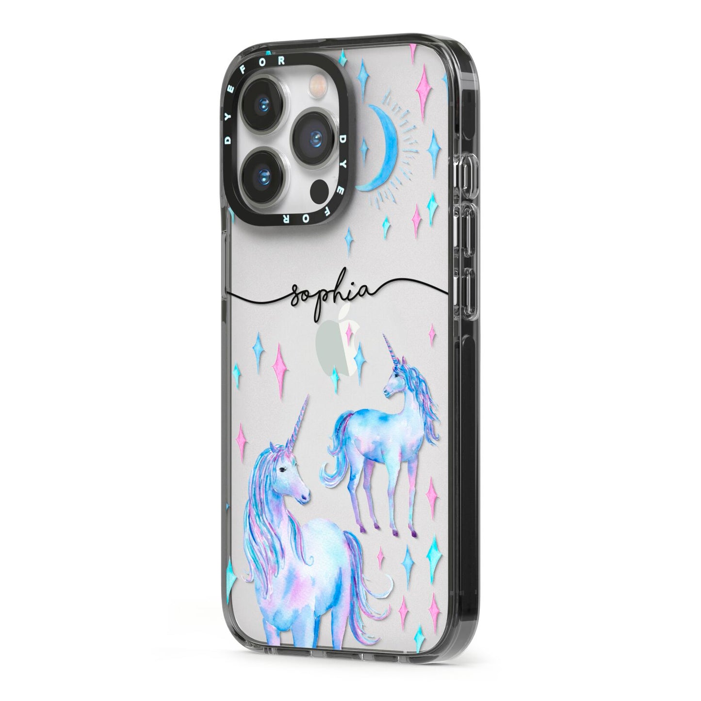 Personalised Unicorns iPhone 13 Pro Black Impact Case Side Angle on Silver phone