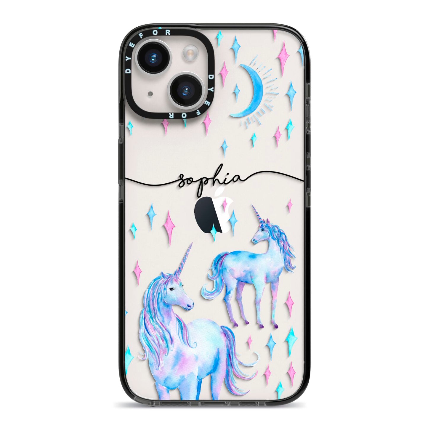 Personalised Unicorns iPhone 14 Black Impact Case on Silver phone
