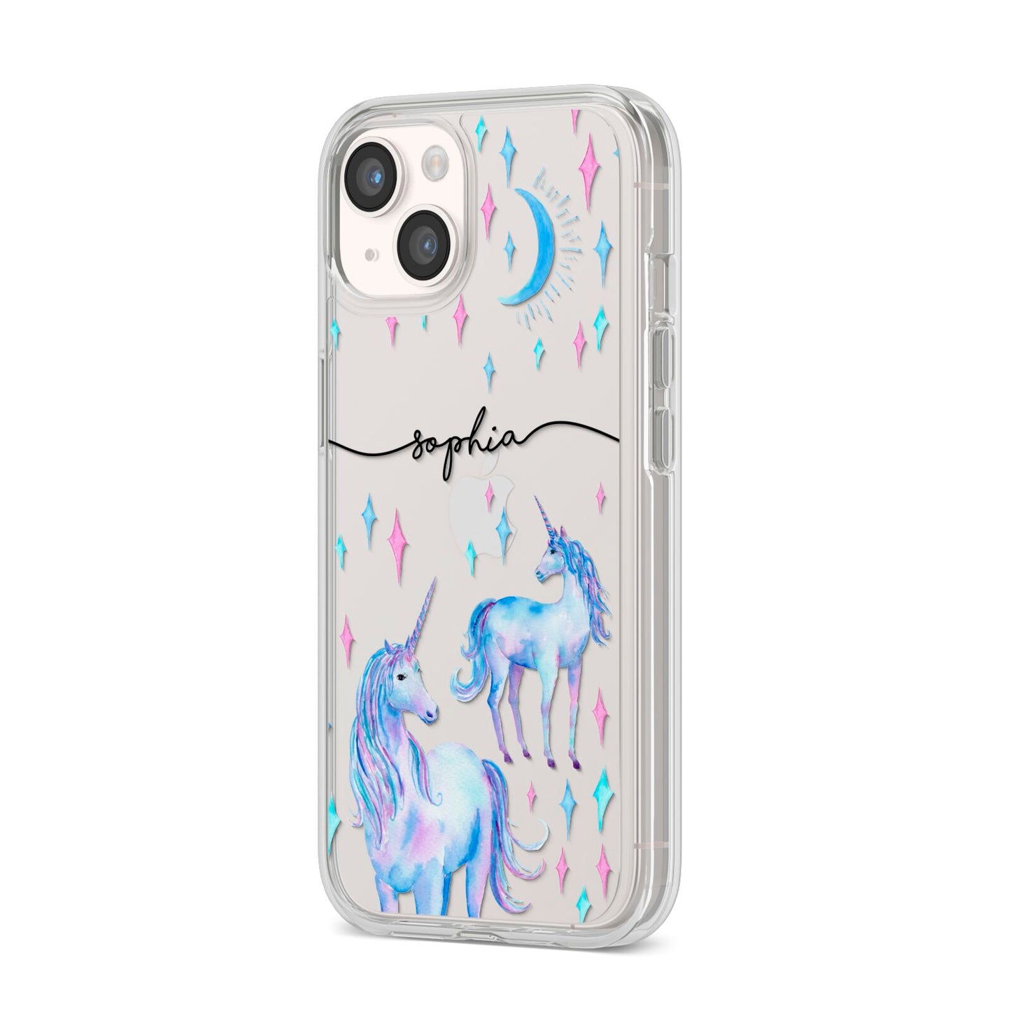 Personalised Unicorns iPhone 14 Clear Tough Case Starlight Angled Image