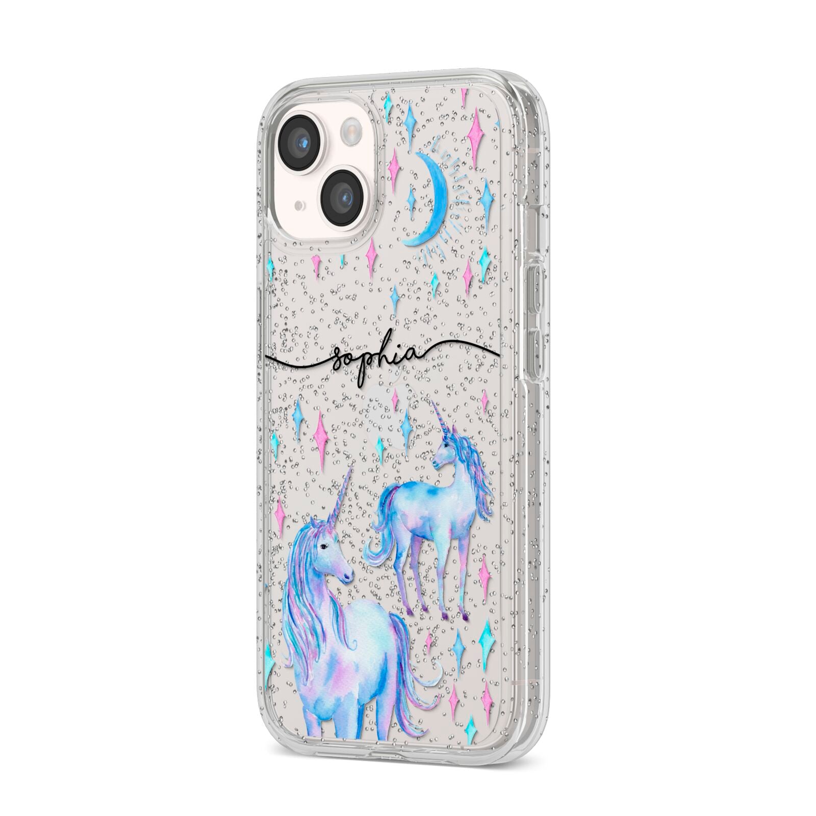 Personalised Unicorns iPhone 14 Glitter Tough Case Starlight Angled Image