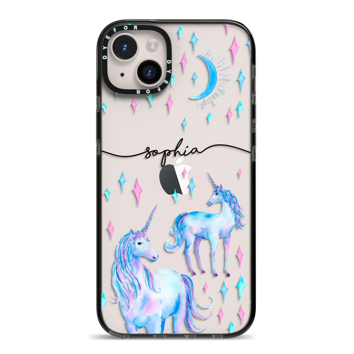 Personalised Unicorns iPhone 14 Plus Black Impact Case on Silver phone