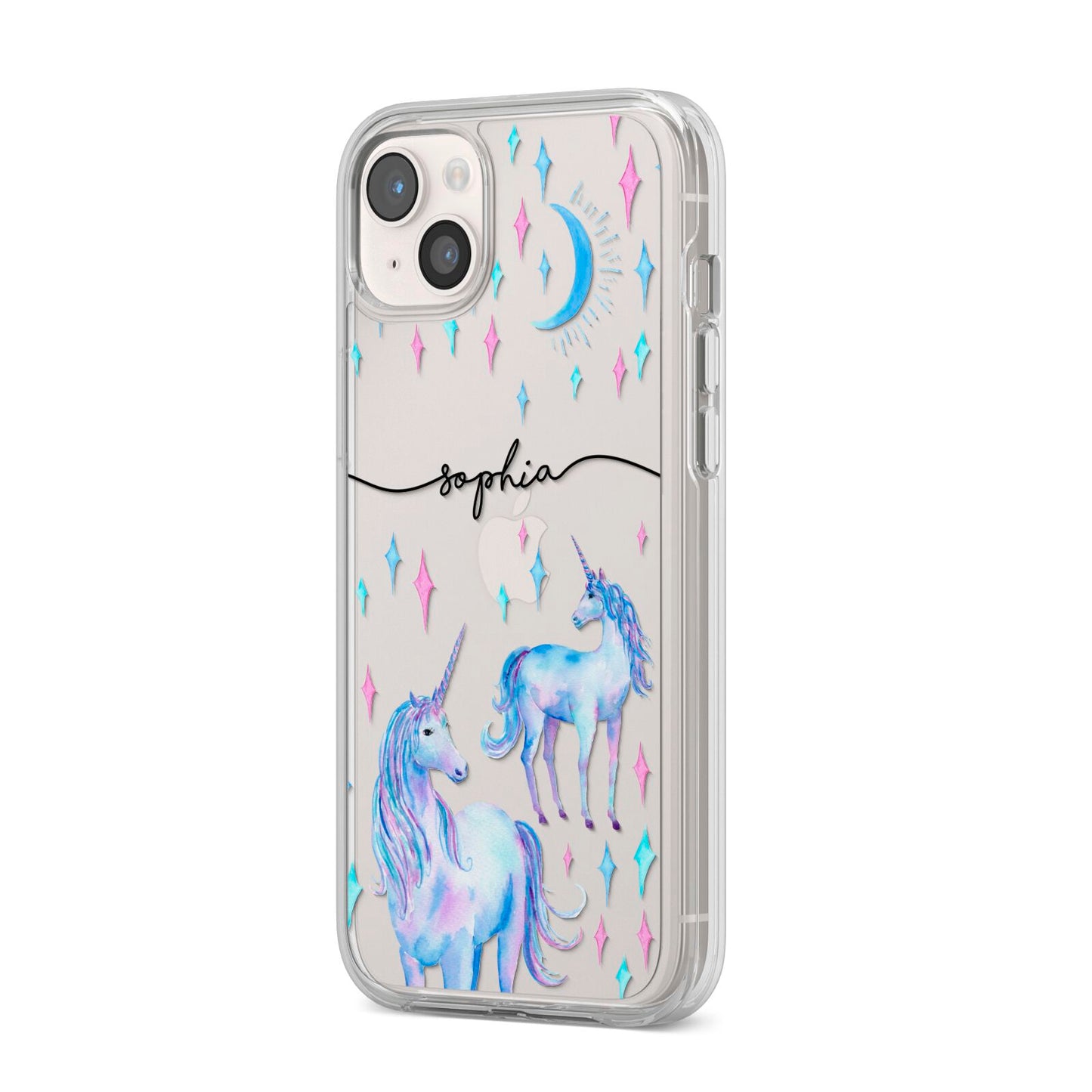 Personalised Unicorns iPhone 14 Plus Clear Tough Case Starlight Angled Image