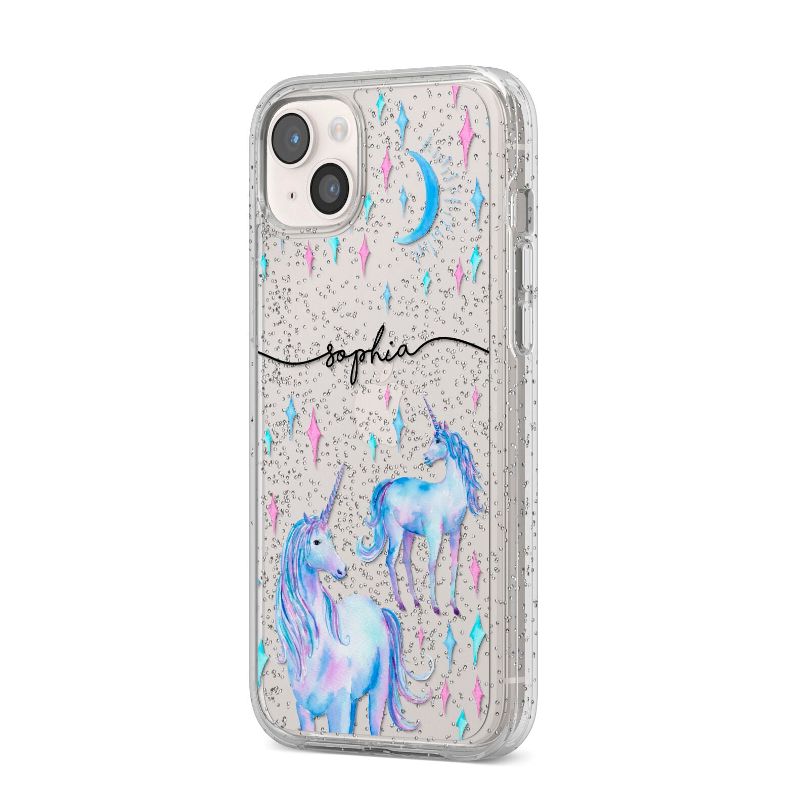 Personalised Unicorns iPhone 14 Plus Glitter Tough Case Starlight Angled Image