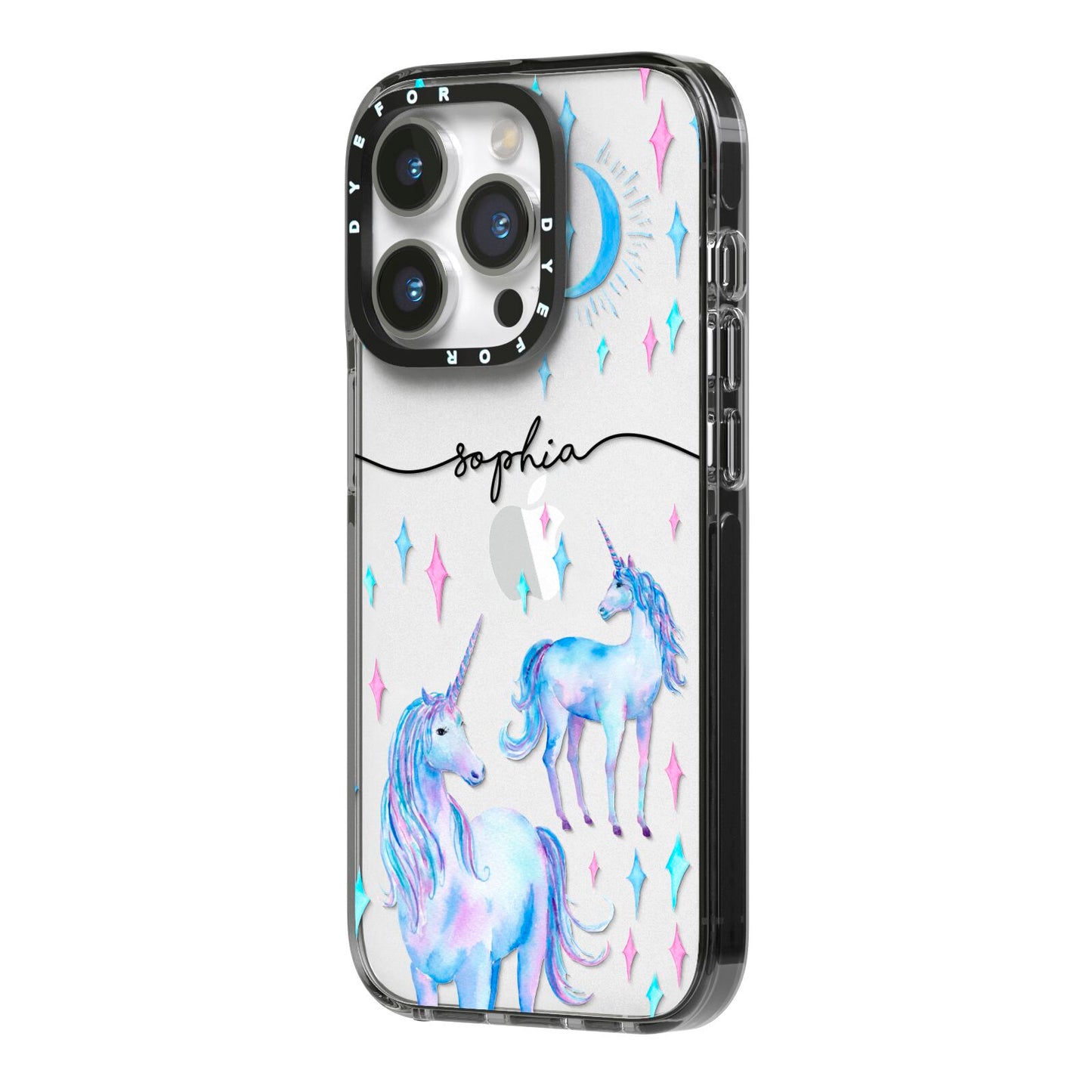 Personalised Unicorns iPhone 14 Pro Black Impact Case Side Angle on Silver phone