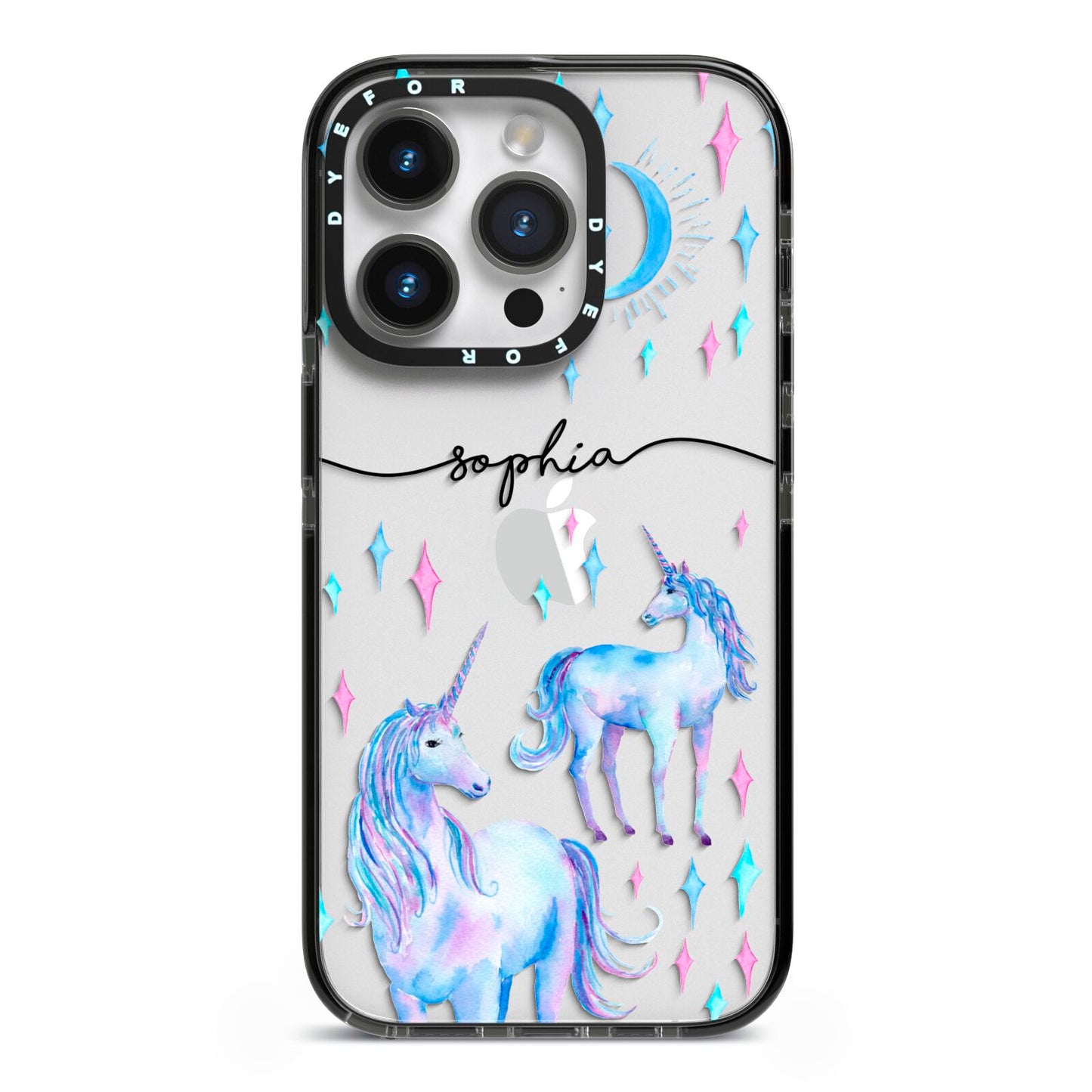 Personalised Unicorns iPhone 14 Pro Black Impact Case on Silver phone