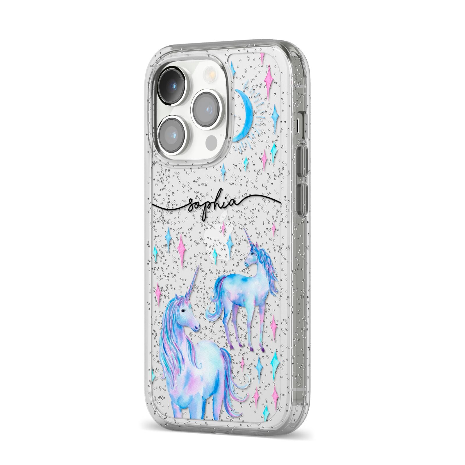 Personalised Unicorns iPhone 14 Pro Glitter Tough Case Silver Angled Image