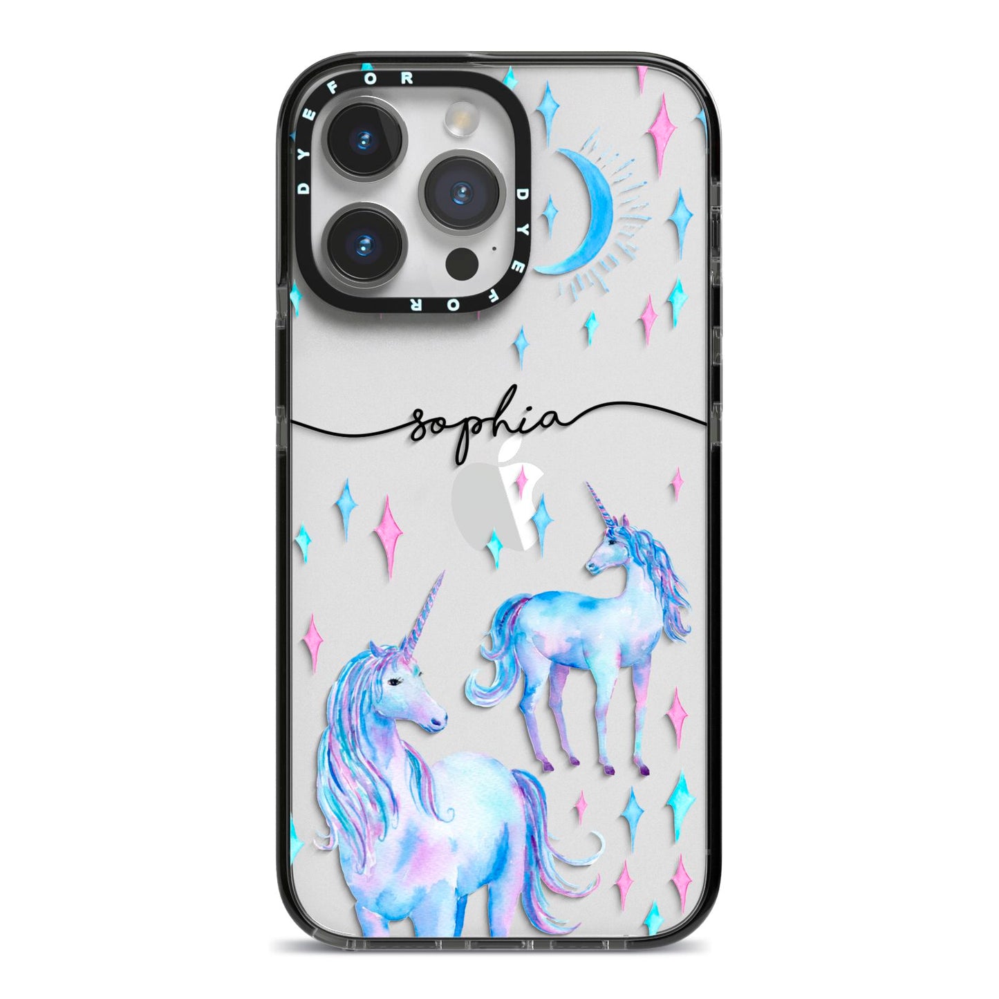 Personalised Unicorns iPhone 14 Pro Max Black Impact Case on Silver phone