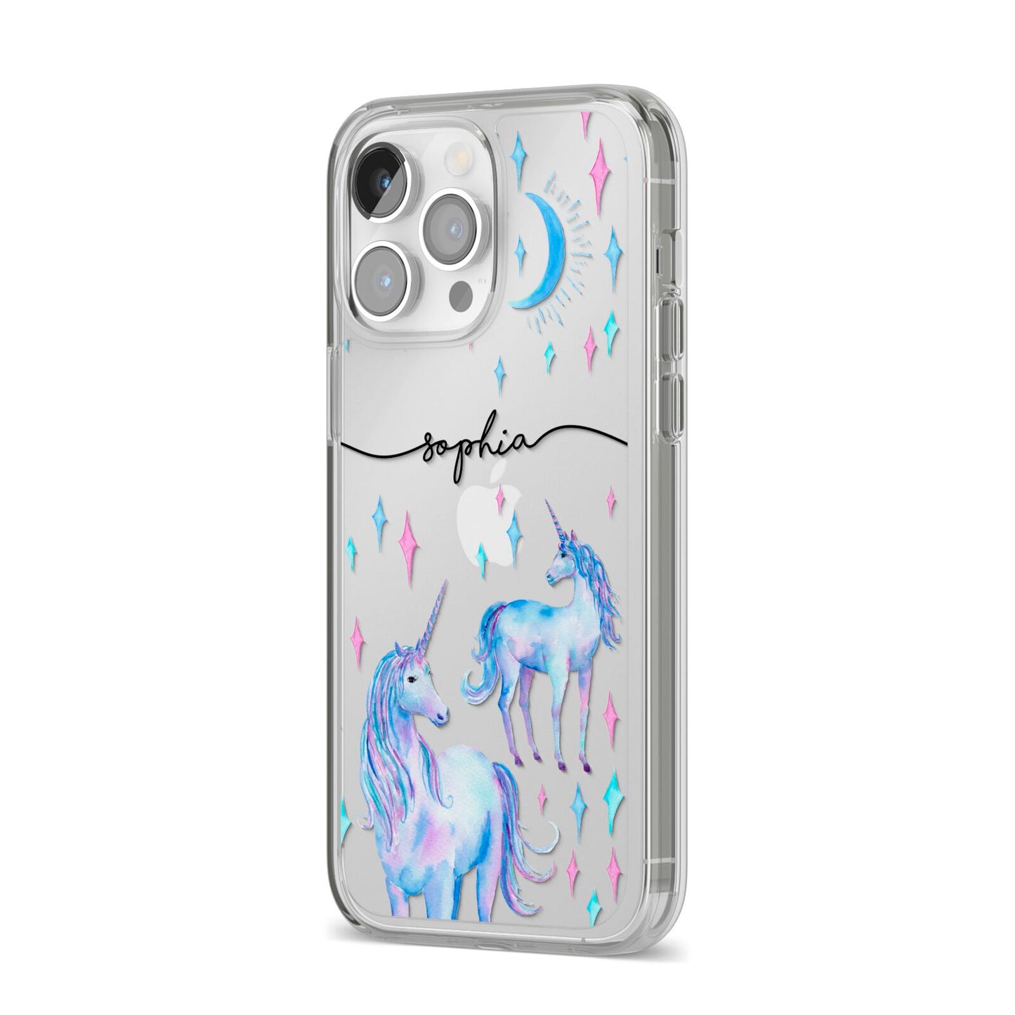 Personalised Unicorns iPhone 14 Pro Max Clear Tough Case Silver Angled Image