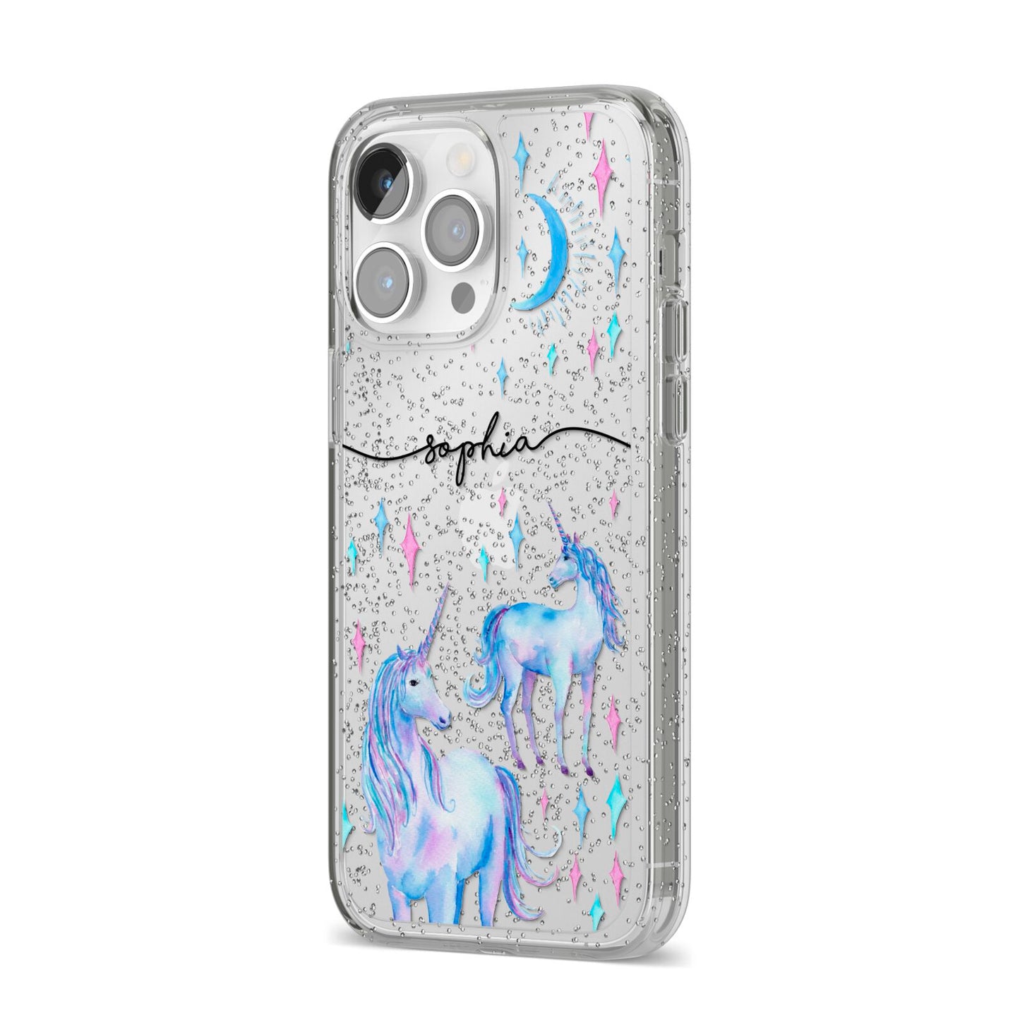 Personalised Unicorns iPhone 14 Pro Max Glitter Tough Case Silver Angled Image