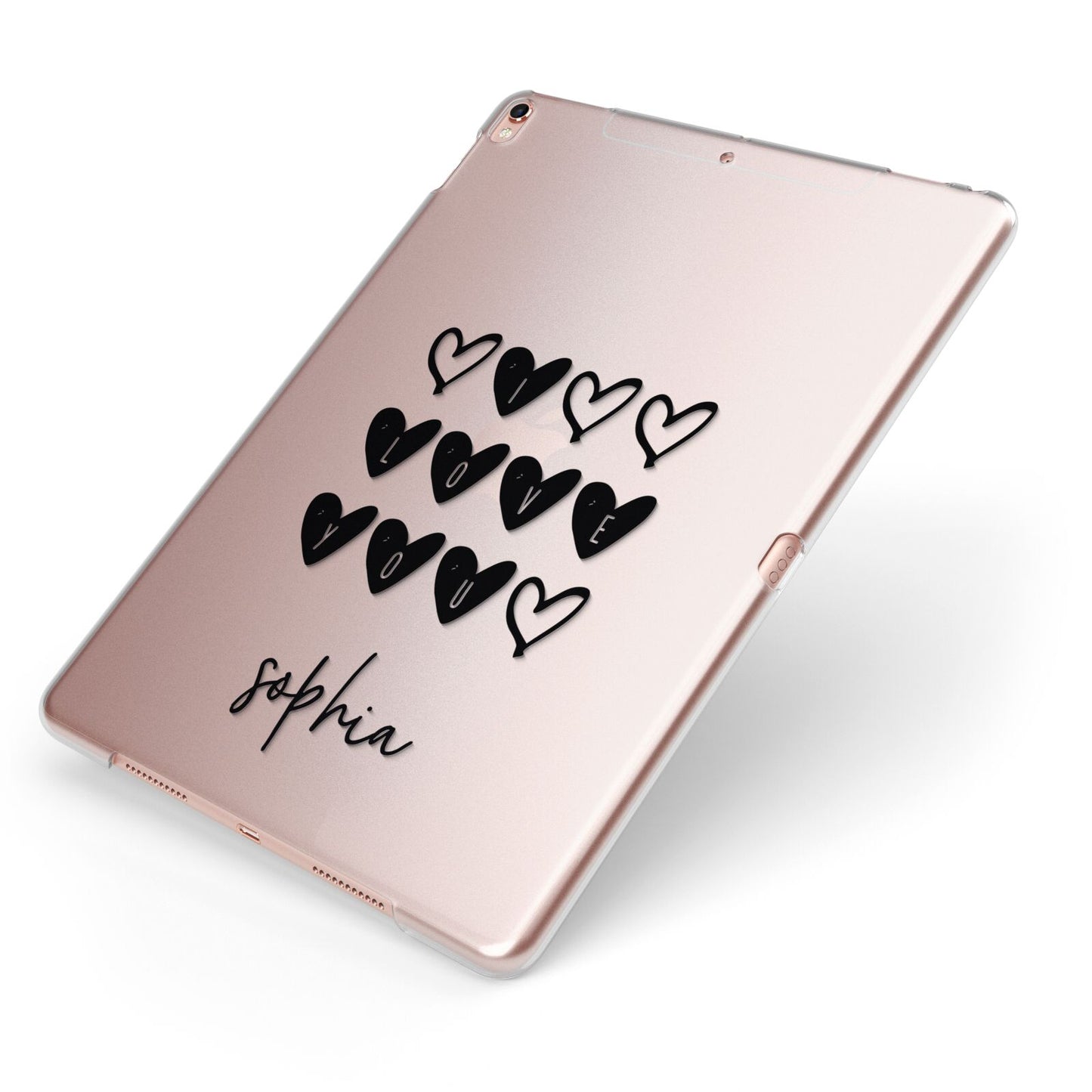 Personalised Valentine Hearts Name Black Apple iPad Case on Rose Gold iPad Side View